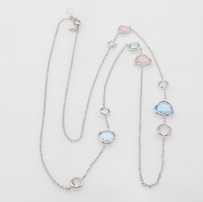 26983858a - Lange Kette mit Blautopasen und Rosenquarzen, WG 585/000, runde u. herzförmige ...