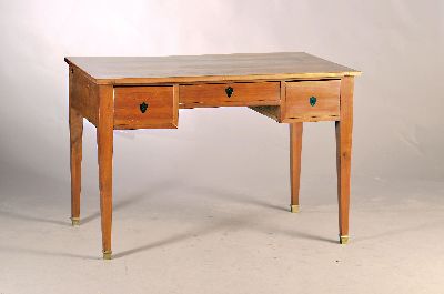 Image Desk, German, around 1830, Biedermeier, cherry tree veneer, three drawers, lyre-shaped ...