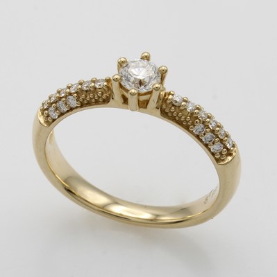 26983944a - Ring mit Brillanten, GG 585/000, Mittelstein ca. 0.20 ct und 24 Besatzbrill. zus. ca. ...