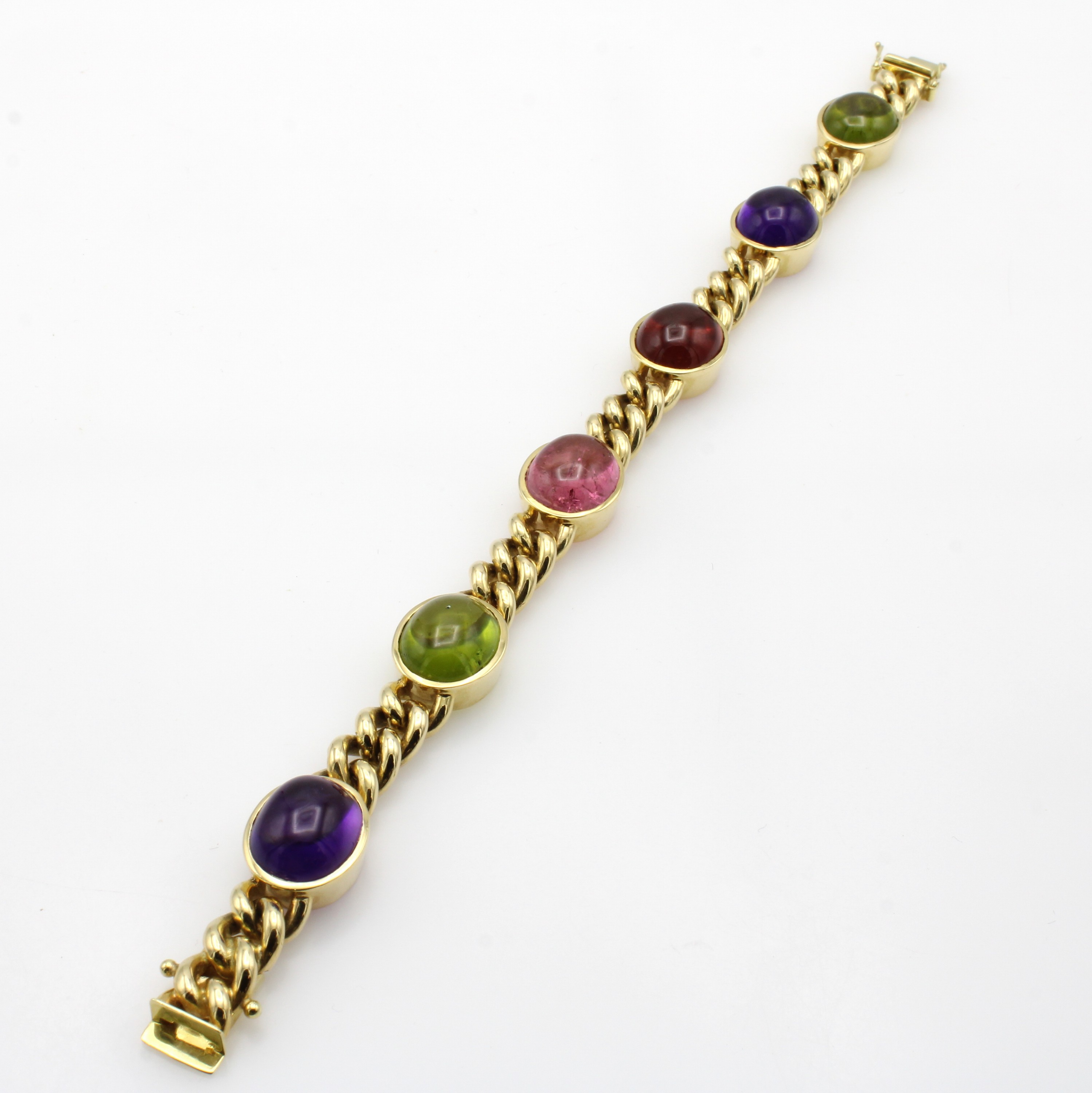 Image 26984209 - Panzerarmband mit Farbsteincabochons, GG 585/000, Turmaline, Amethyste und Peridots zus. ...