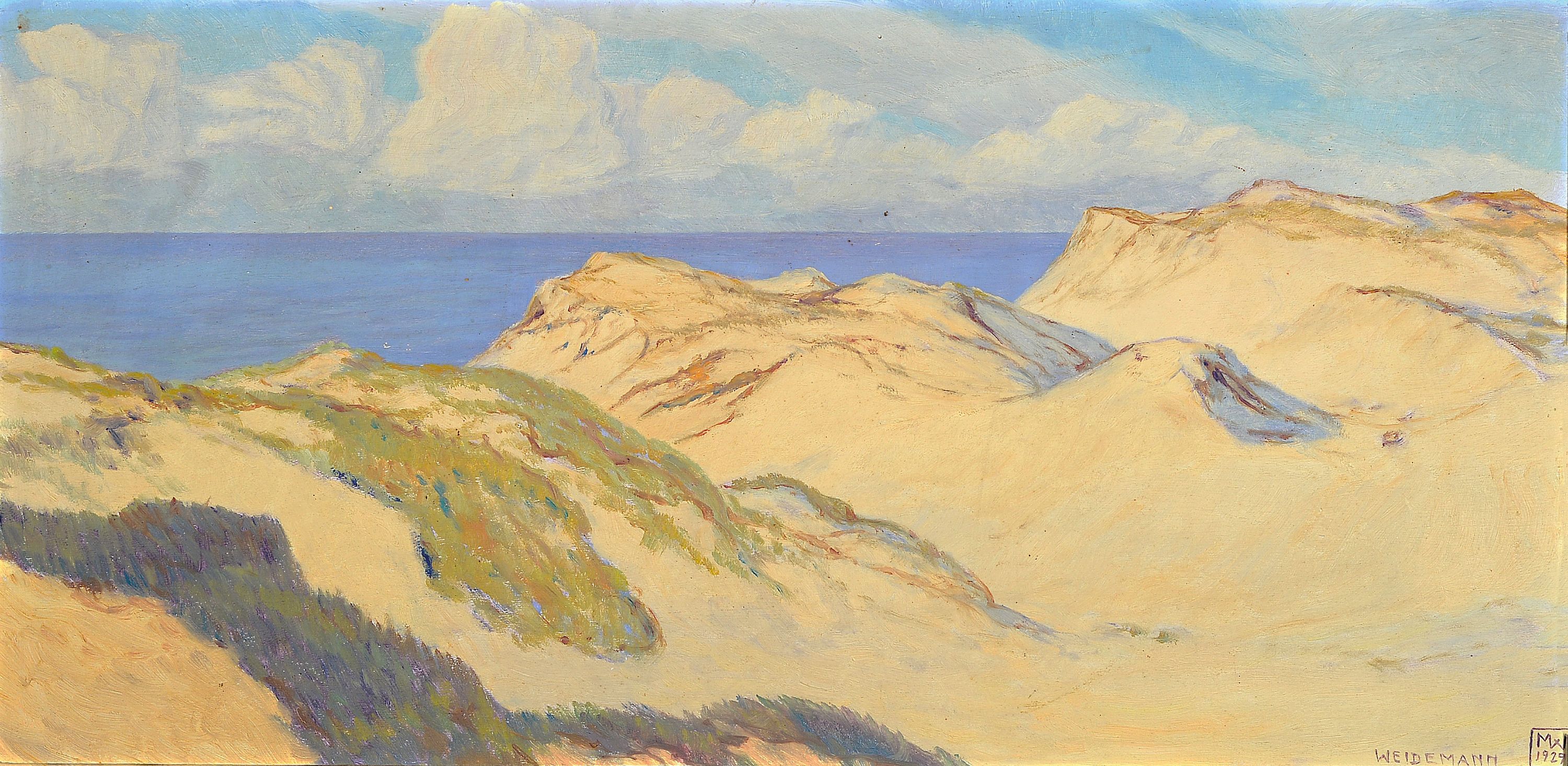 Magnus Weidemann, 1880 Hamburg-1967 Keitum/Sylt, Dünenlandschaft, Öl/Holz, rechts unten signiert und dat. 1929, verso betitelt: Sonnige Dünen auf ...