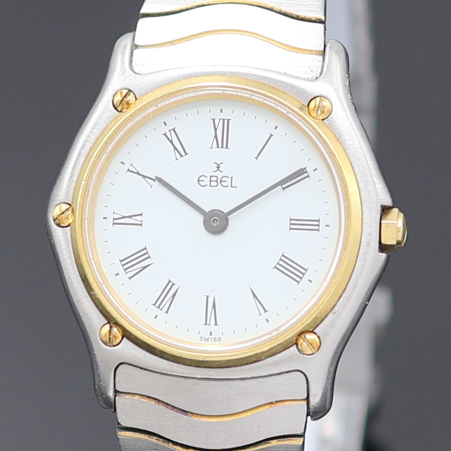 Detail a: EBEL Damenarmbanduhr, Schweiz um 1990, Edelstahl/Gold kombiniert inkl. Wellengliederband m. Kastenschloß, quarz, Lünette gegen Geh. 5-fach ...