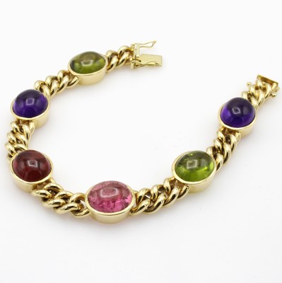 26984209a - Panzerarmband mit Farbsteincabochons, GG 585/000, Turmaline, Amethyste und Peridots zus. ...