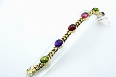 26984209b - Panzerarmband mit Farbsteincabochons, GG 585/000, Turmaline, Amethyste und Peridots zus. ...