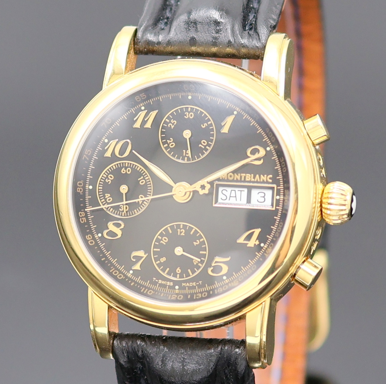 Detail a: MONTBLANC Meisterstück vergoldeter Armbandchronograph, Schweiz um 1995, Automatik, beids. vergl., neutr. Lederband m. orig. Dornschl., Boden ...