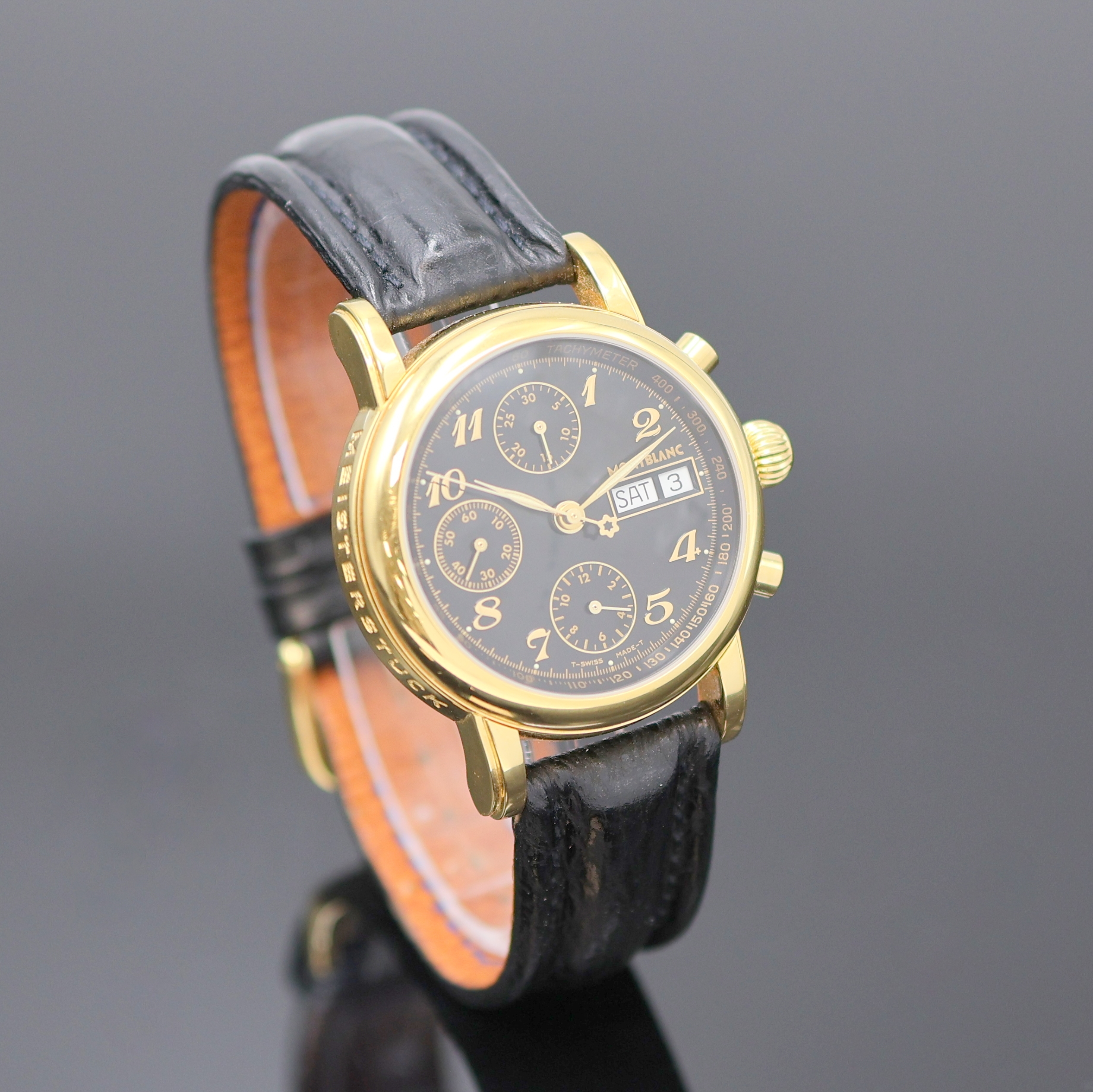 Detail b: MONTBLANC Meisterstück vergoldeter Armbandchronograph, Schweiz um 1995, Automatik, beids. vergl., neutr. Lederband m. orig. Dornschl., Boden ...