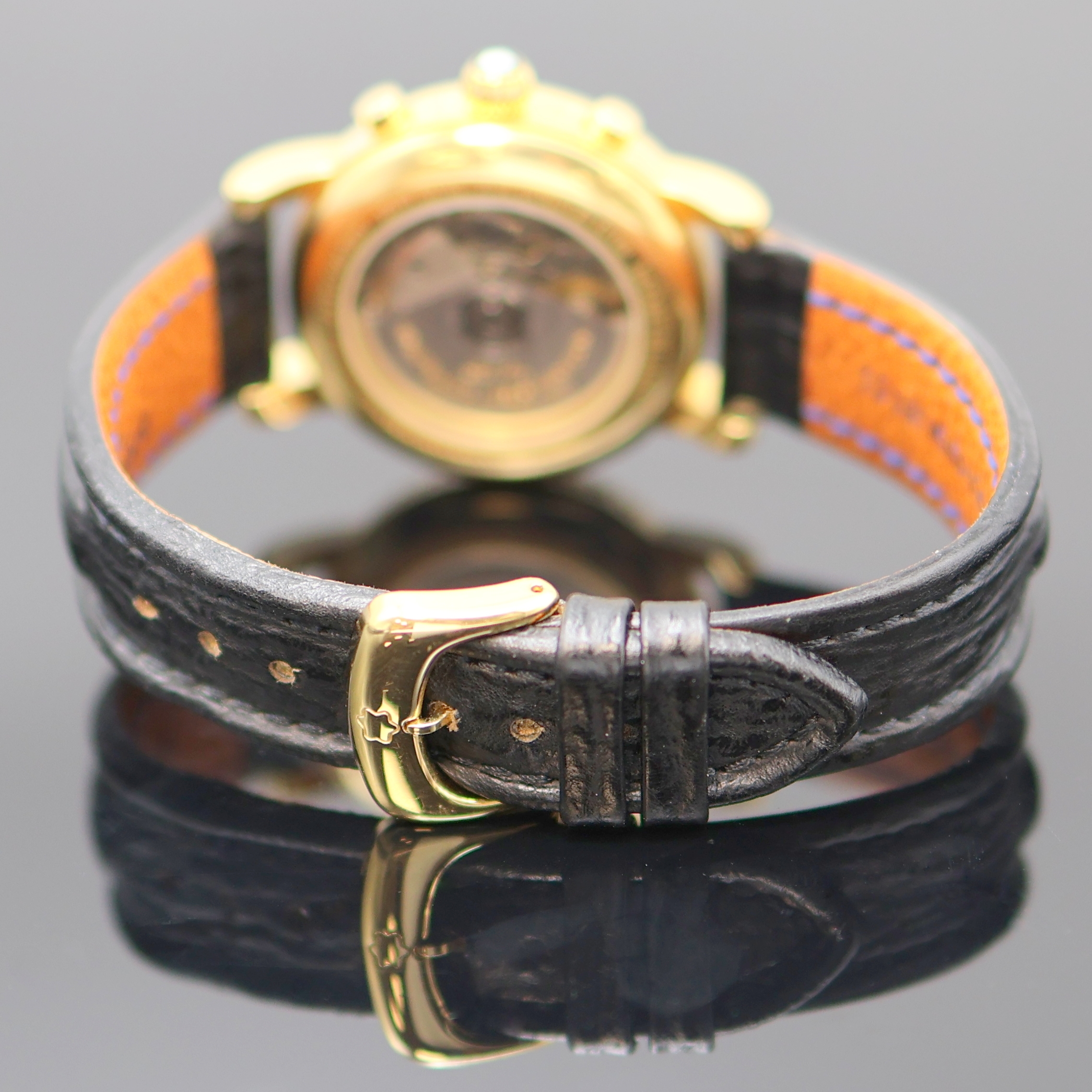 Detail c: MONTBLANC Meisterstück vergoldeter Armbandchronograph, Schweiz um 1995, Automatik, beids. vergl., neutr. Lederband m. orig. Dornschl., Boden ...