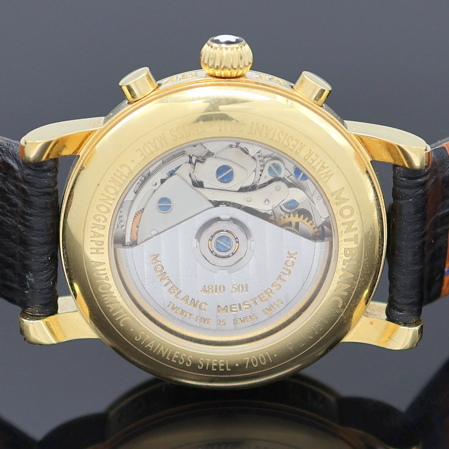 Detail e: MONTBLANC Meisterstück vergoldeter Armbandchronograph, Schweiz um 1995, Automatik, beids. vergl., neutr. Lederband m. orig. Dornschl., Boden ...