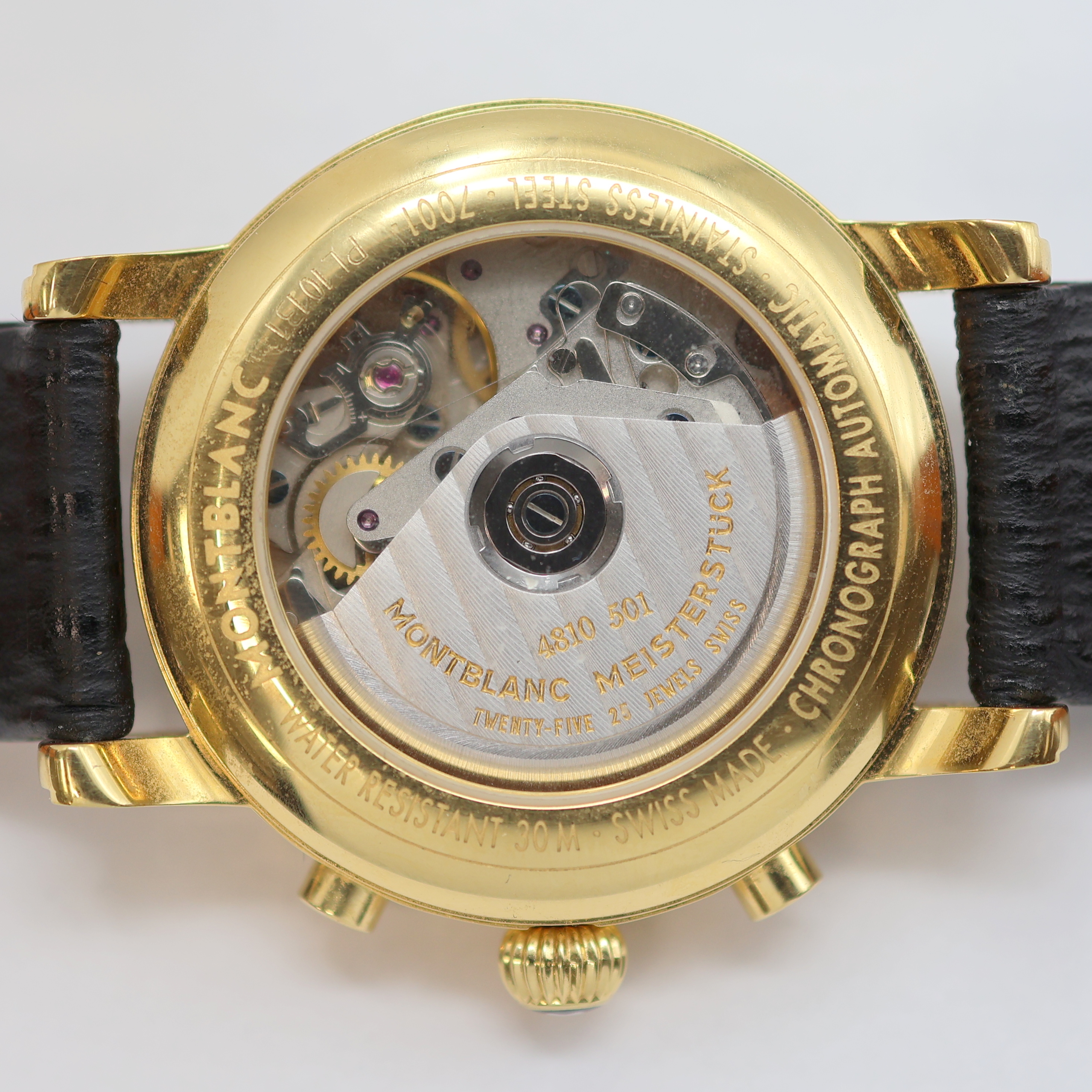 Detail f: MONTBLANC Meisterstück vergoldeter Armbandchronograph, Schweiz um 1995, Automatik, beids. vergl., neutr. Lederband m. orig. Dornschl., Boden ...