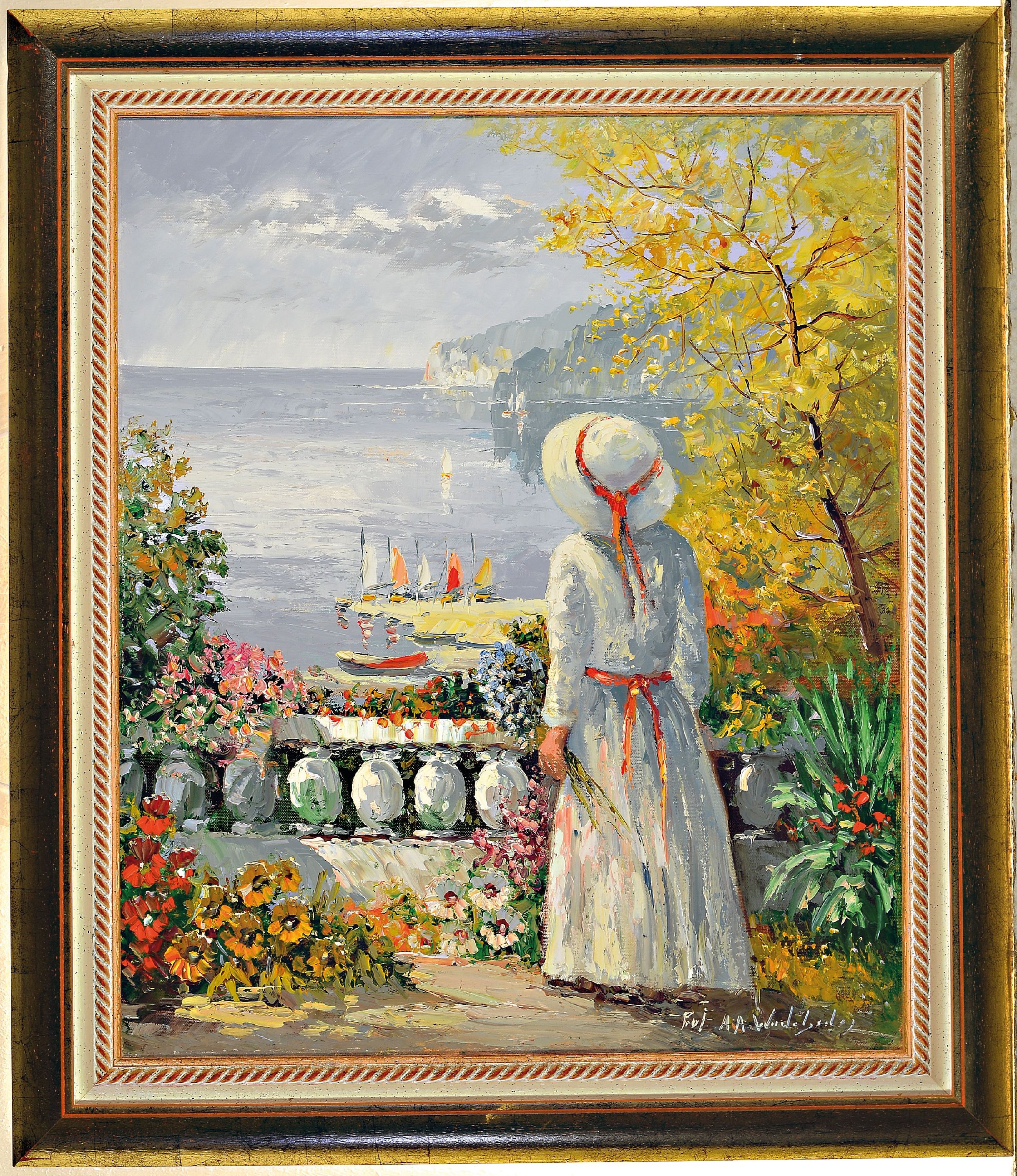 Detail k: Prof. August Alexander Wendehals, 1934-2003 Ossendorf, Junge Frau blickt von der Terrasse aufs Meer, Öl/Lwd, rechts unten sign., ca. 60x50cm, R. ca. ...