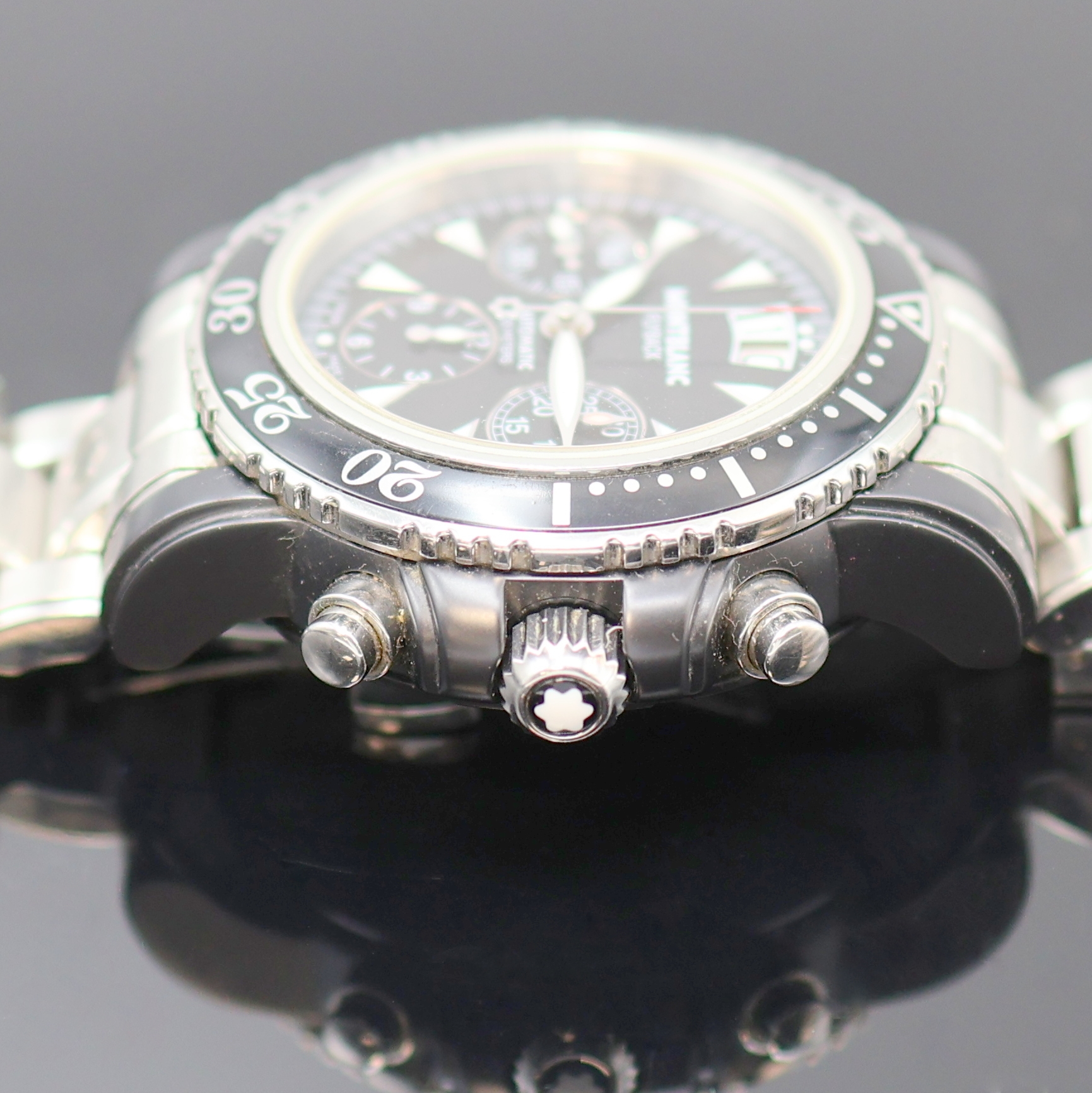 Detail f: MONTBLANC Meisterstück Herrenchronograph mit Flyback Referenz 7044, Schweiz 2005, Automatik, geschw. Edelstahlgeh. inkl. orig. Gliederband m. dopp. ...