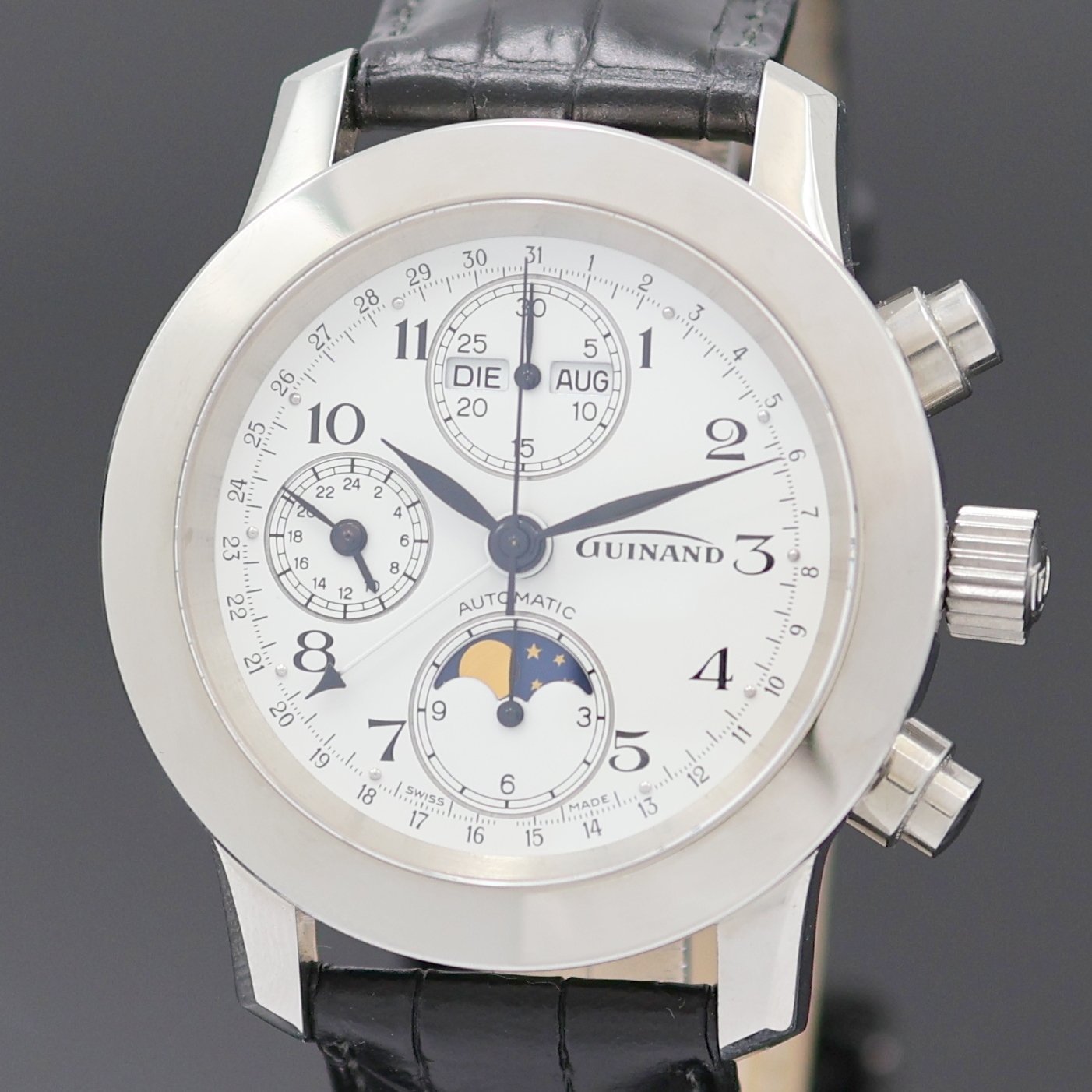 Detail a: GUINAND Armbandchronograph mit Vollkalender, Schweiz um 2005, Automatik, beids. vergl. Edelstahlgeh., Boden u. Krone verschr., Korrekturdr. für Tag ...