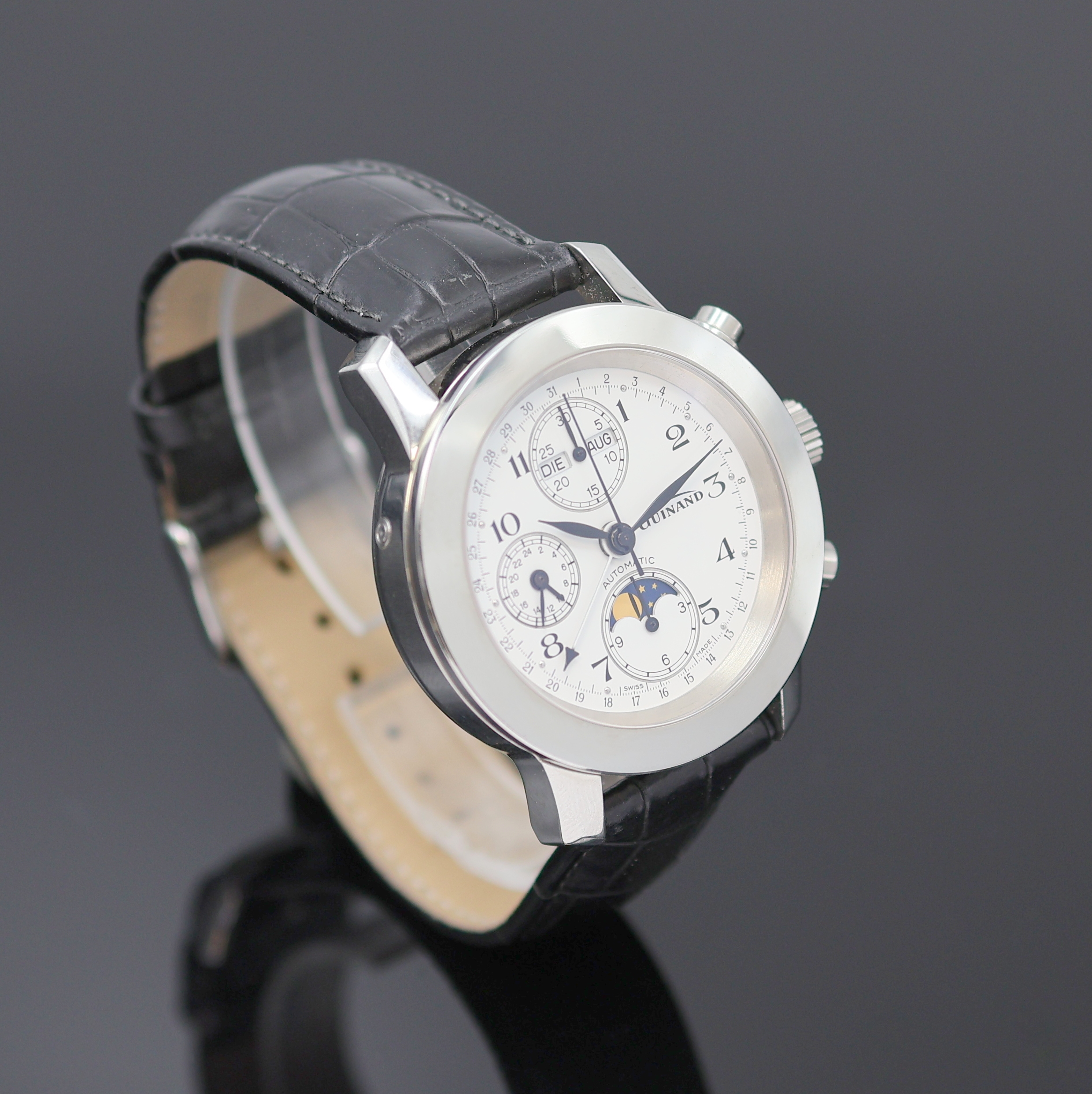 Detail b: GUINAND Armbandchronograph mit Vollkalender, Schweiz um 2005, Automatik, beids. vergl. Edelstahlgeh., Boden u. Krone verschr., Korrekturdr. für Tag ...