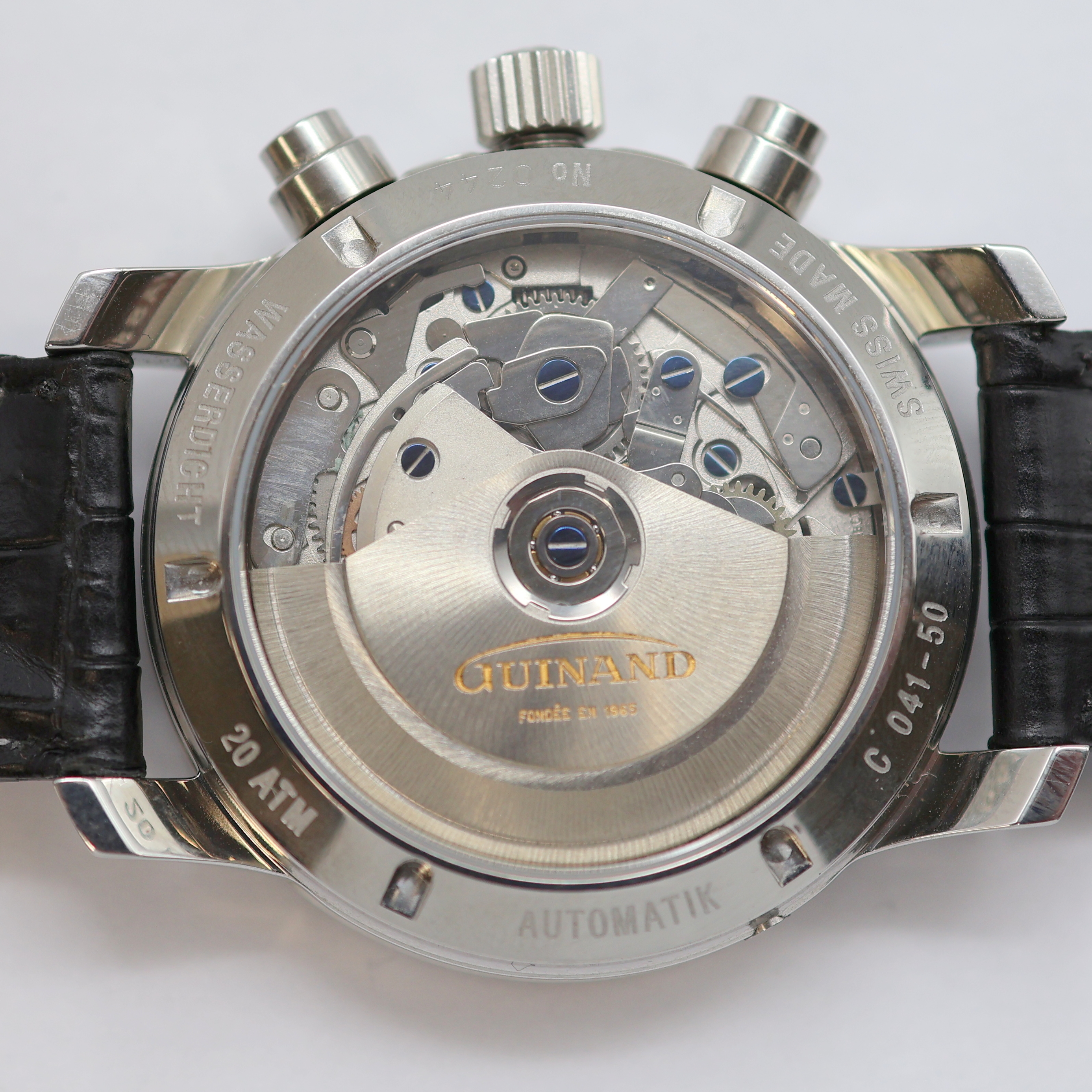 Detail f: GUINAND Armbandchronograph mit Vollkalender, Schweiz um 2005, Automatik, beids. vergl. Edelstahlgeh., Boden u. Krone verschr., Korrekturdr. für Tag ...