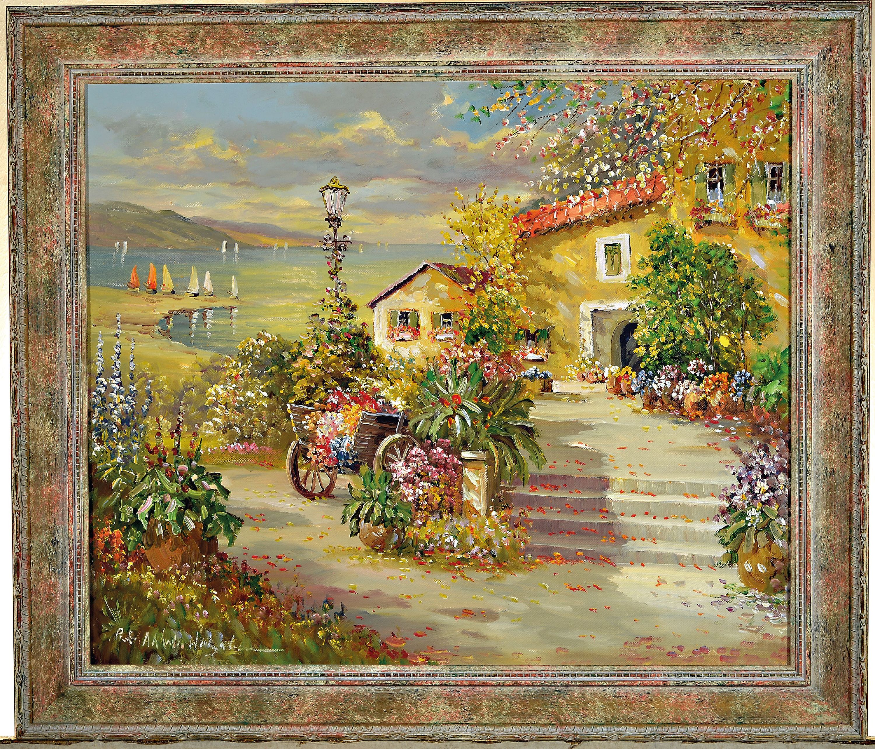 Detail k: Prof. August Alexander Wendehals, 1934-2003 Ossendorf, Blick auf eine südliche Terrasse am Meer, Öl/Lwd, links unten sign., ca. 50x60 cm, R. ca. ...