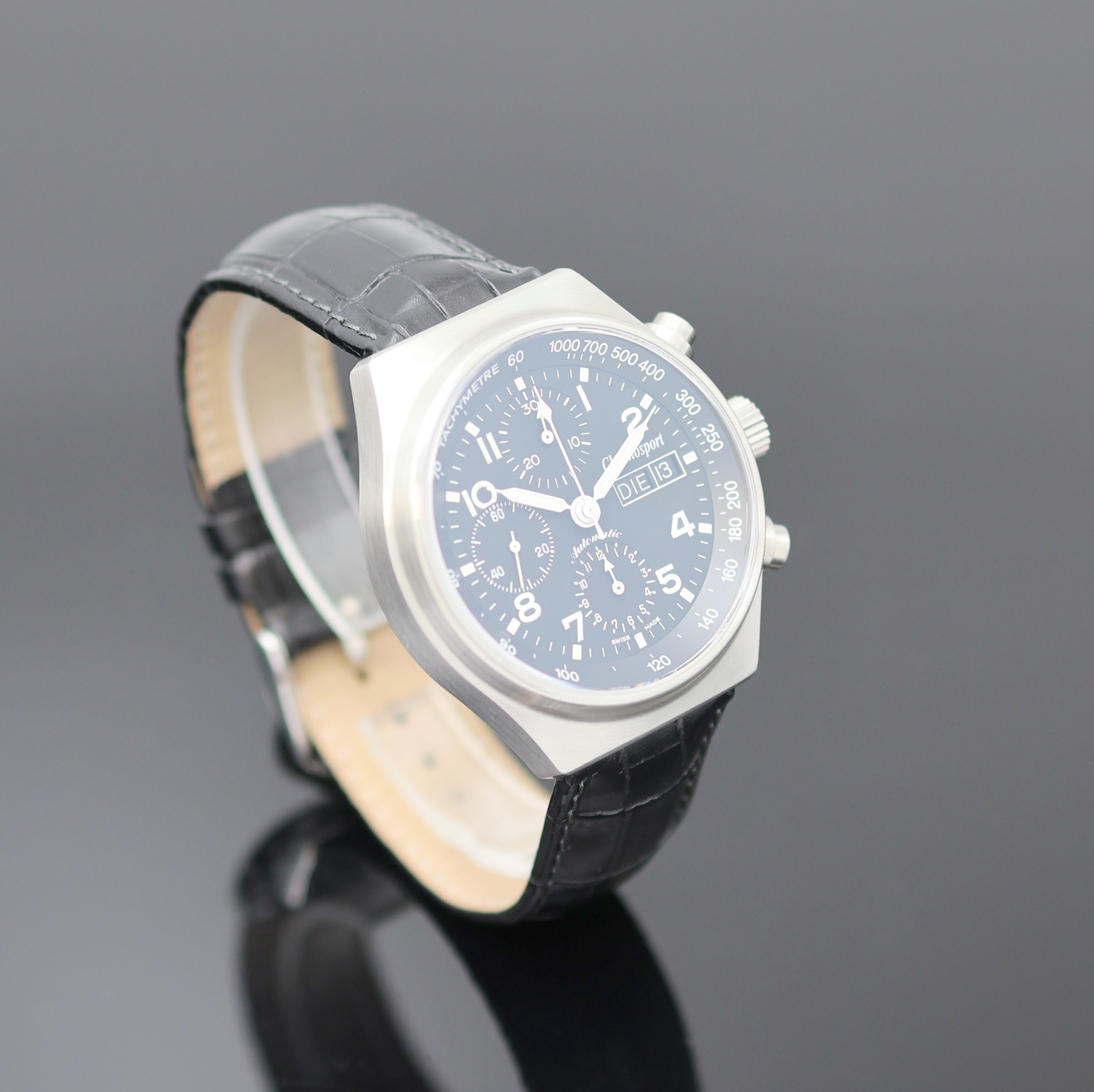 Detail b: CHRONOSPORT Herrenchronograph in Stahl, Schweiz um 2005, Automatik, beids. vergl. Geh. matt., Boden u. Krone verschr., orig. Lederband m. Dornschl., ...