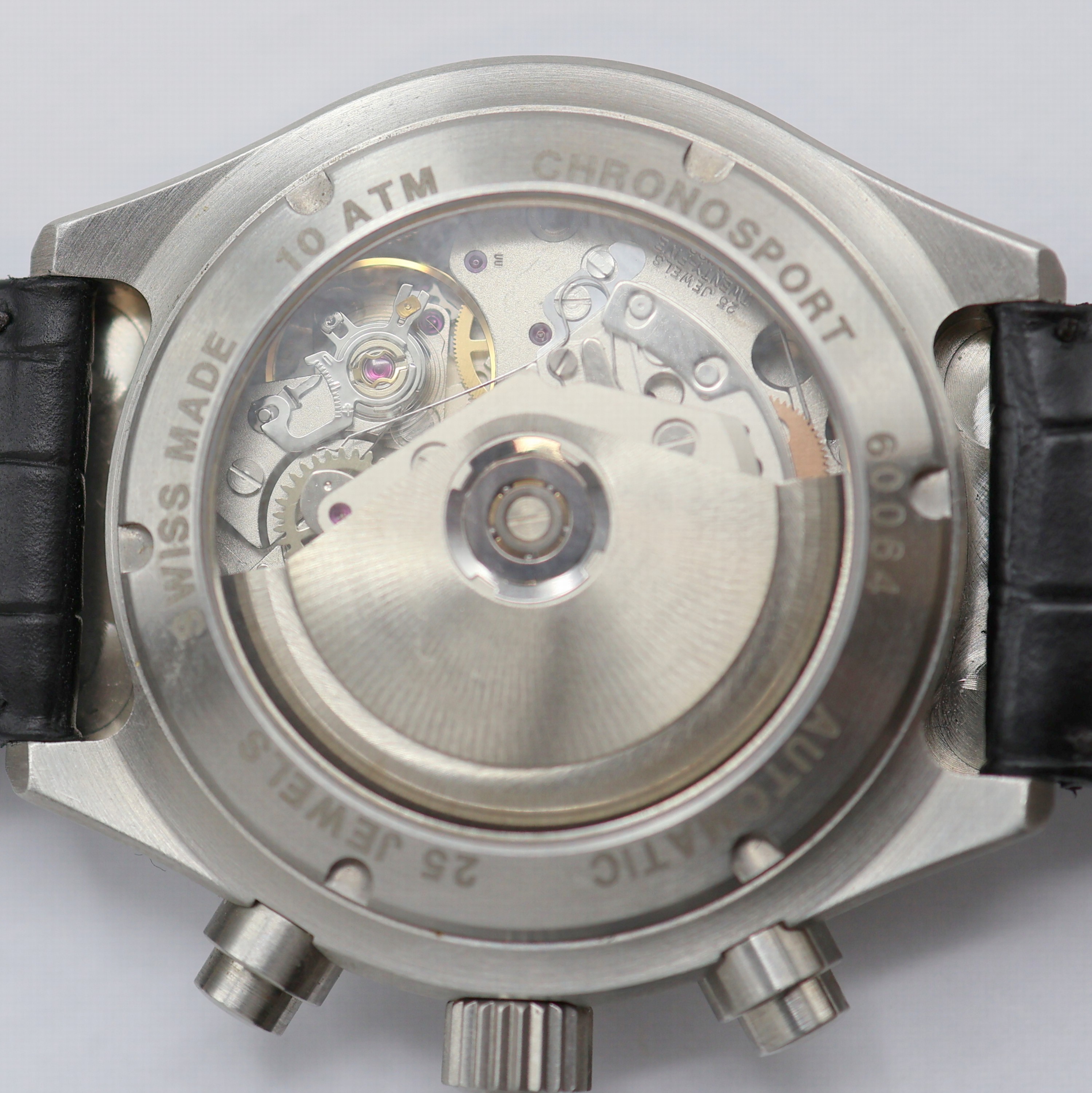 Detail f: CHRONOSPORT Herrenchronograph in Stahl, Schweiz um 2005, Automatik, beids. vergl. Geh. matt., Boden u. Krone verschr., orig. Lederband m. Dornschl., ...