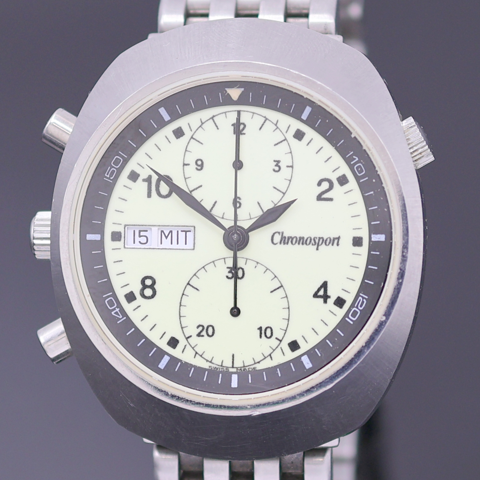 Detail a: CHRONOSPORT Armbandchronograph in Stahl, Schweiz um 2004, Automatik, Boden u. Krone verschr., neutr. Stahlband m. Faltschl., Leucht-Zifferbl. m. ...