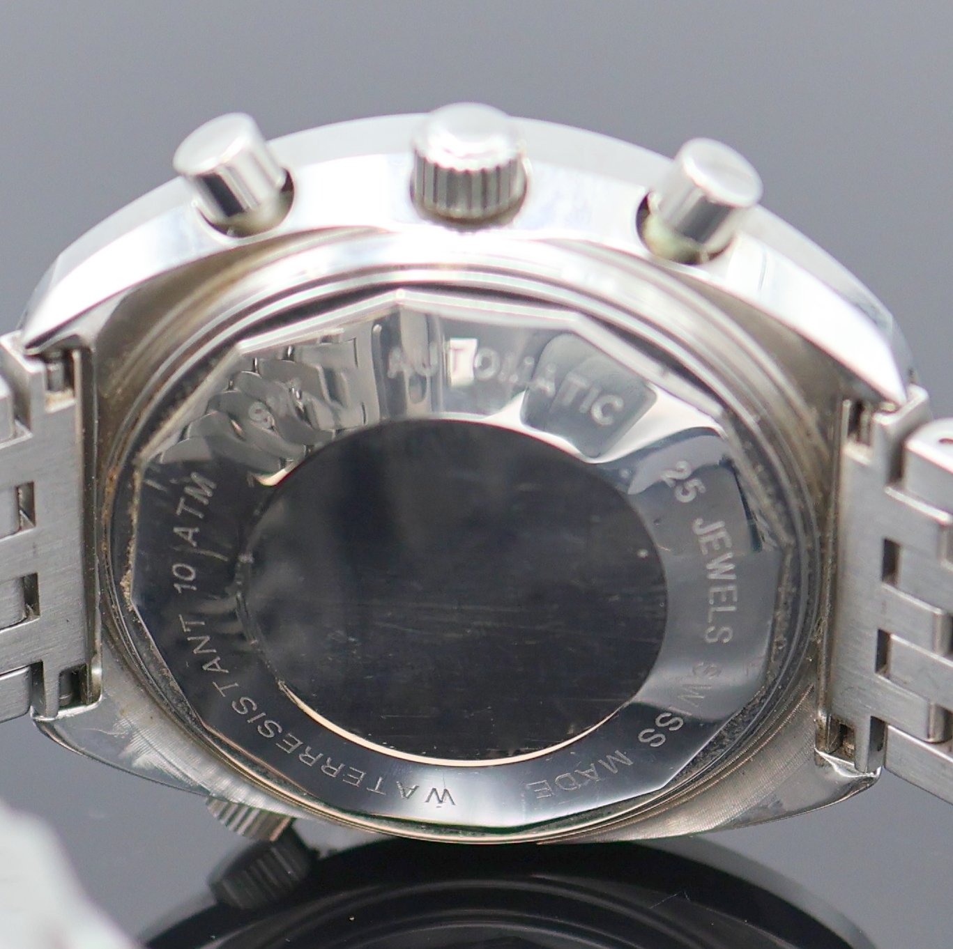 Detail e: CHRONOSPORT Armbandchronograph in Stahl, Schweiz um 2004, Automatik, Boden u. Krone verschr., neutr. Stahlband m. Faltschl., Leucht-Zifferbl. m. ...