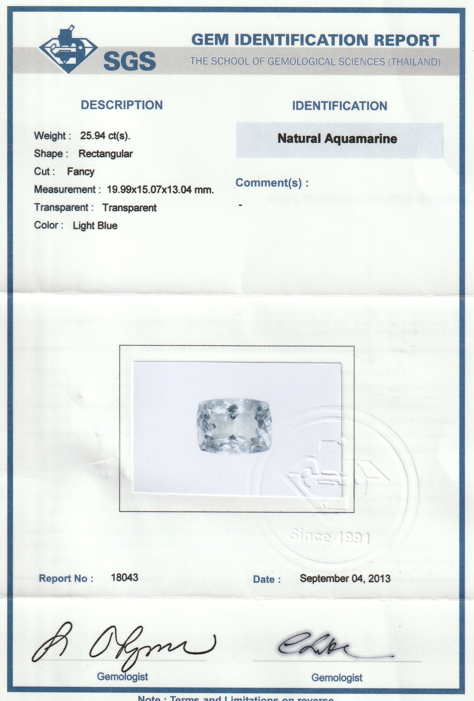 Detail c: Loser Aquamarin 25.94 ct, Rectangular Fancy Cut, 19.99 x 15.07 x 13.04 mm, Light Blue, SGS-Expertise