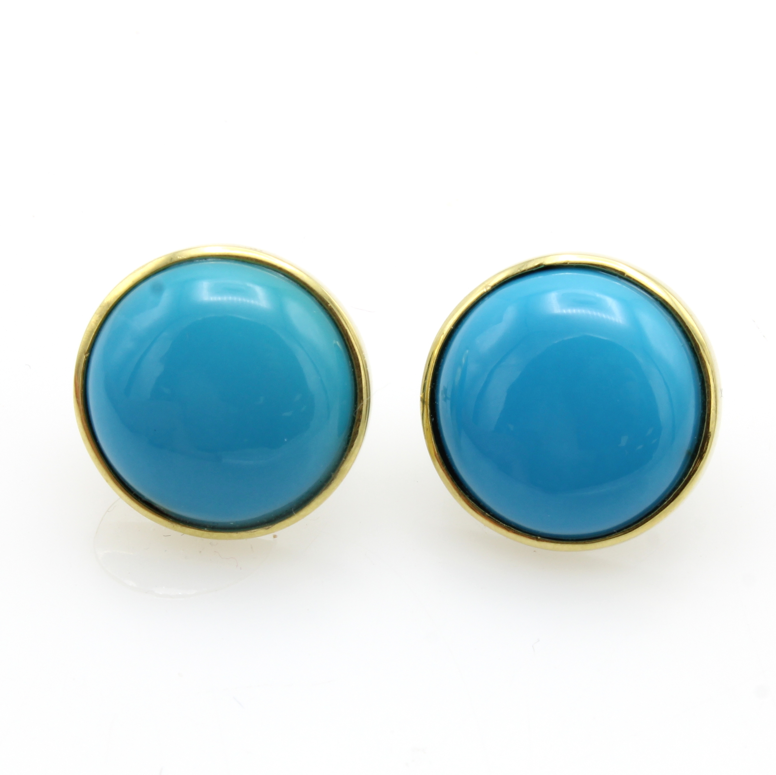 Image 26984384 - Paar Ohrstecker mit Türkisen, GG 585/000, runde Türkiscabochons in schmaler Fassung, ...