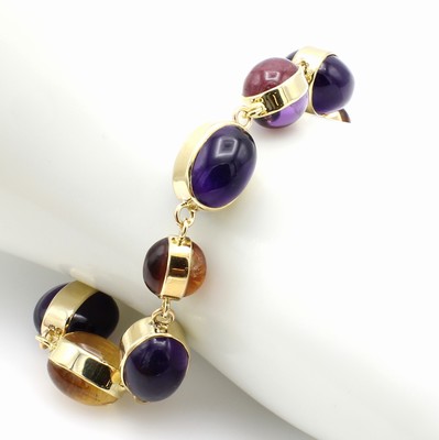 26984363b - Armband mit Farbsteinen, GG 585/000, ovale Citrin- und Amethystcabochons zus. ca. 100 ...