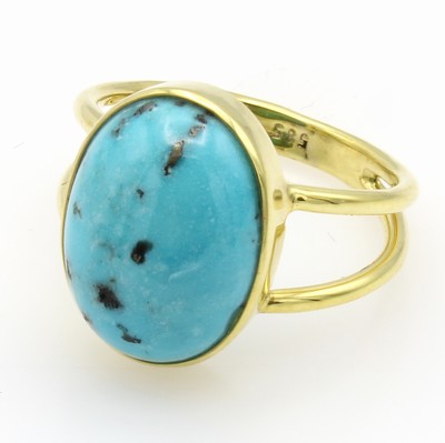 26984382b - Ring mit Türkis, GG 585/000, geteilte Ringschiene, Türkiscabochon ca. 7.5 ct, RW ca.57 ...