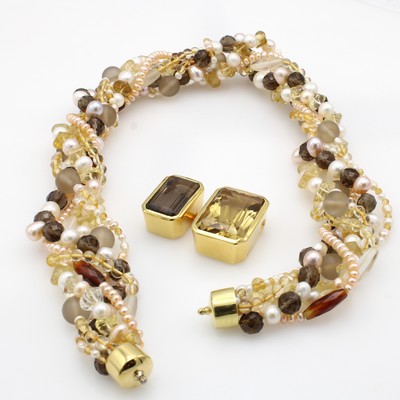 26984392a - Citrinwechselschließe an 6-reihiger Kette, 925er Silber verg., Perlen, Citrine, Rauch- ...