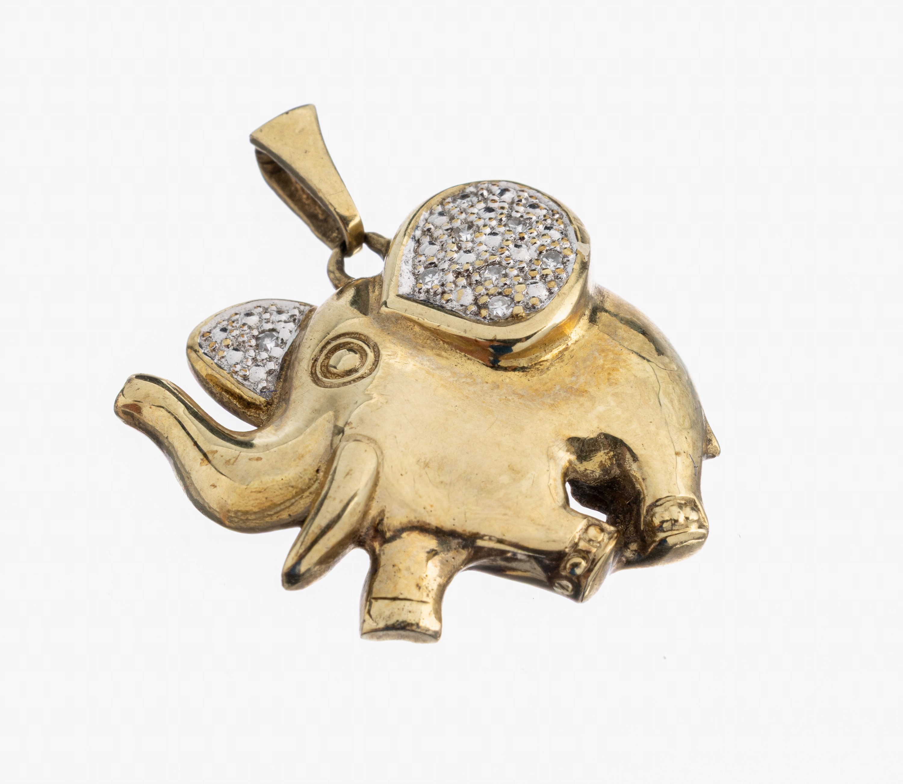 8 kt Gold Diamant-Anhänger, GG 333/000, Darstellung eines Elefanten, Ohren mit kl. 8/8-Diamanten, zus. ca. 0,06 ct grav. ca. 2.2 x 2 cm, ca. 3.4 g