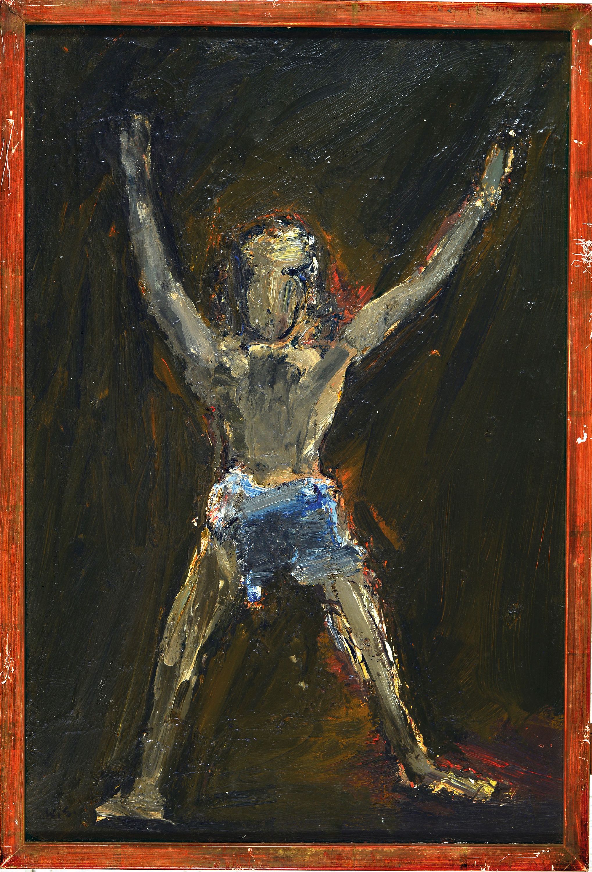 Detail k: Wiking Svensson, 1915-1979, Schweden, stehende Figur mit aufgestreckten Armen, Öl/Lwd, pastoser Farbauftrag, rückseitig signiert, ca. 54x36cm, R. ...