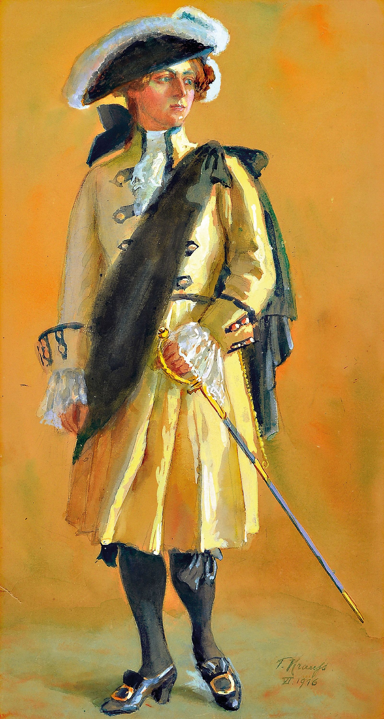 Franz Krauss, 1872-1967, Junger stehender Kavalier mit Dreispitz und Degen, Aquarell und Gouache auf Papier, rechts unten signiert und dat. 1916, ca. ...