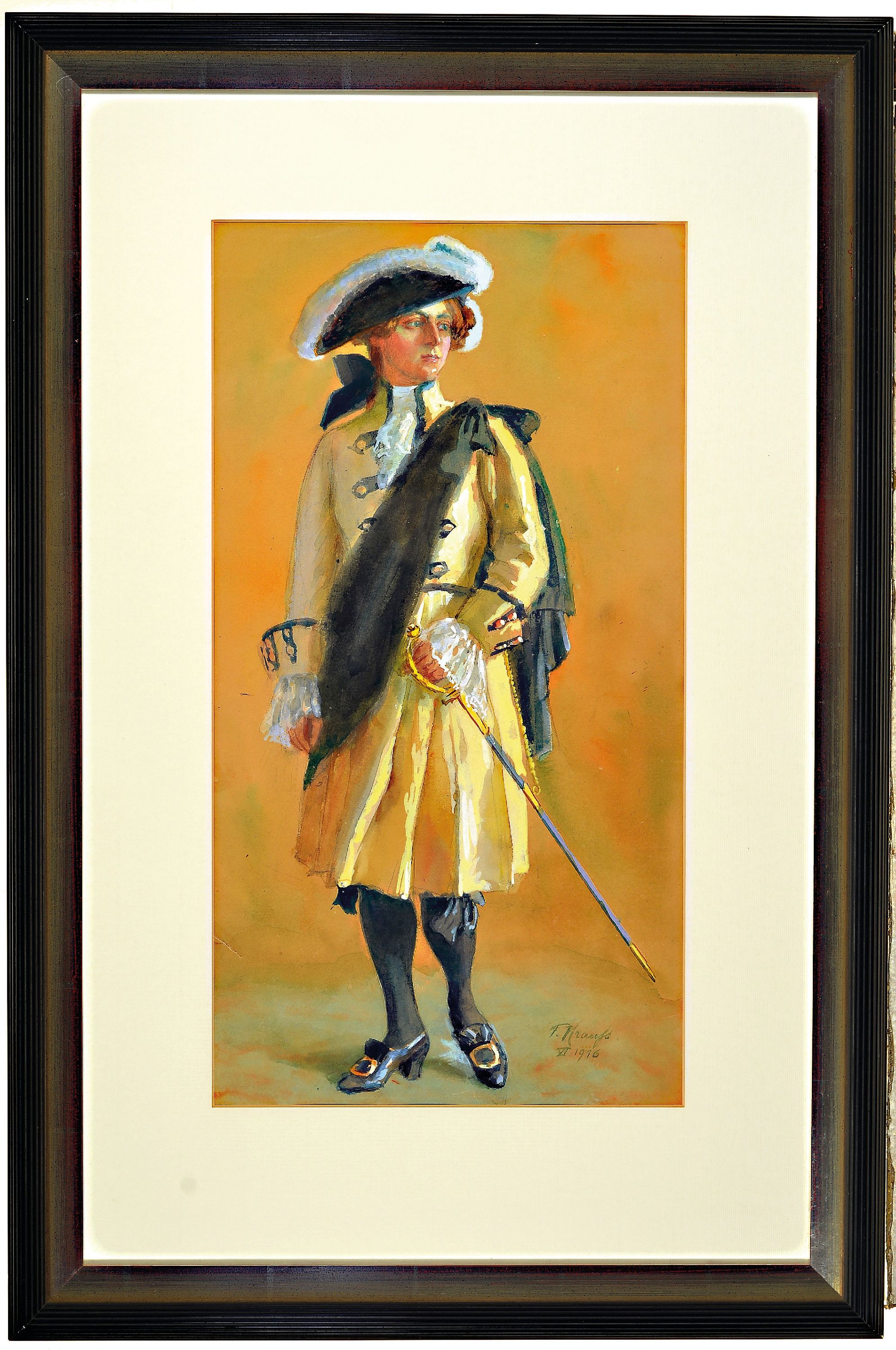 Detail k: Franz Krauss, 1872-1967, Junger stehender Kavalier mit Dreispitz und Degen, Aquarell und Gouache auf Papier, rechts unten signiert und dat. 1916, ca. ...