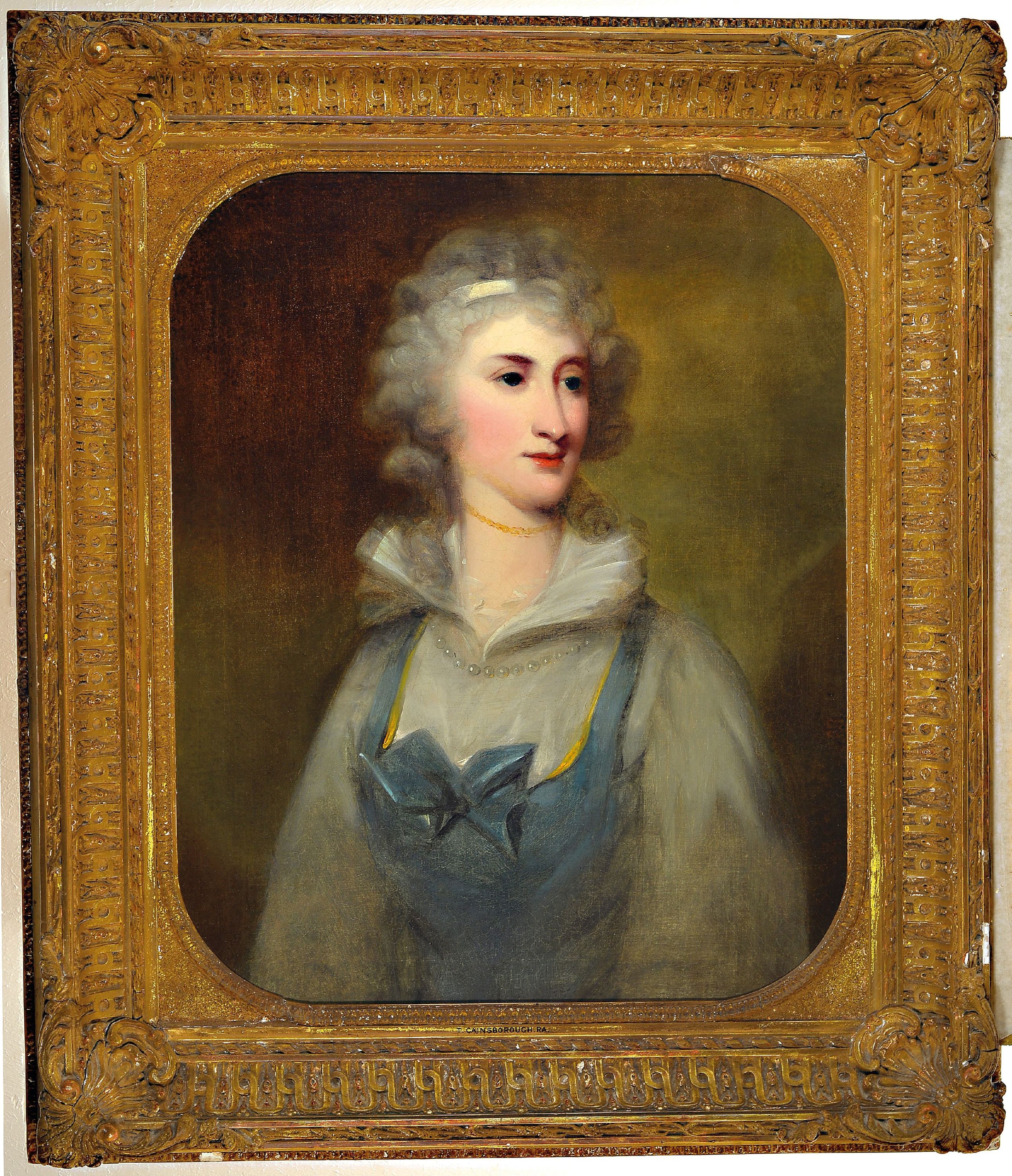 Detail k: Umkreis Thomas Gainsborough (1727-1788), England, ausgehendes 18.Jh./um 1800, Porträt einer Dame in blauem Kleid, Bruststück im Dreiviertelprofil, ...