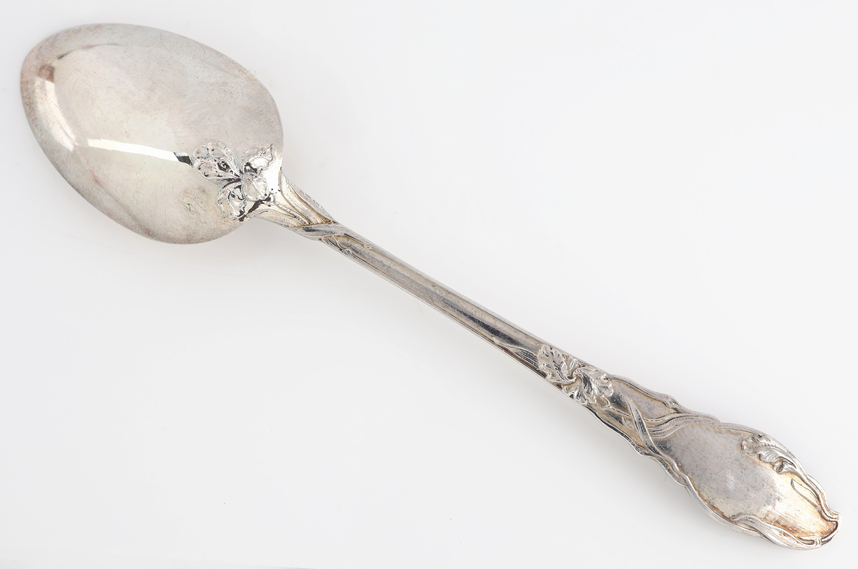Detail b: 6 Jugendstil Mokka-/Dessertlöffel, Frankreich um 1900, 950er Silber, Meistermarke Ravinetd'Enfert, zeittyp., eleganter Jugendstildekor mit ...