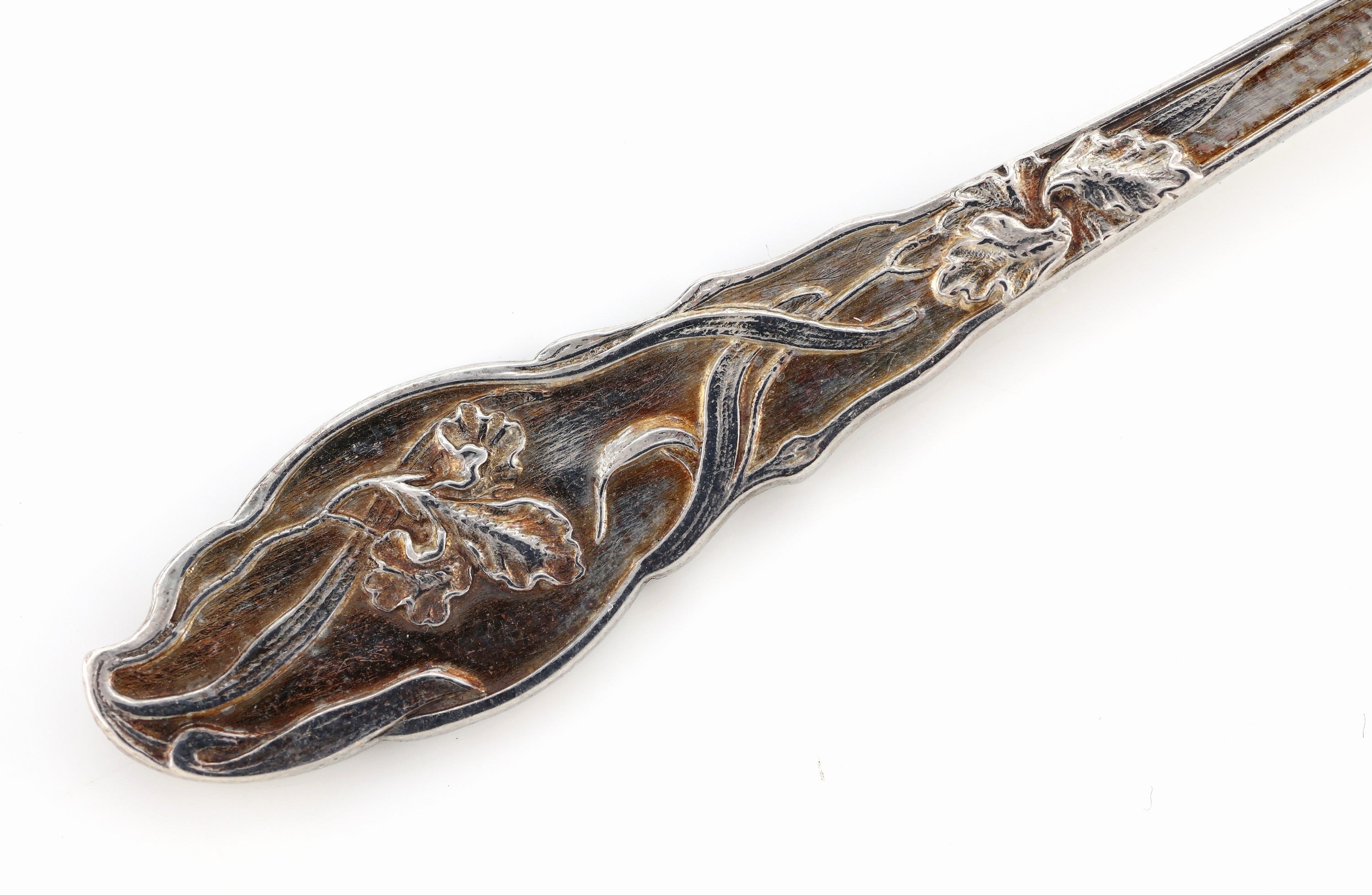 Detail c: 6 Jugendstil Mokka-/Dessertlöffel, Frankreich um 1900, 950er Silber, Meistermarke Ravinetd'Enfert, zeittyp., eleganter Jugendstildekor mit ...