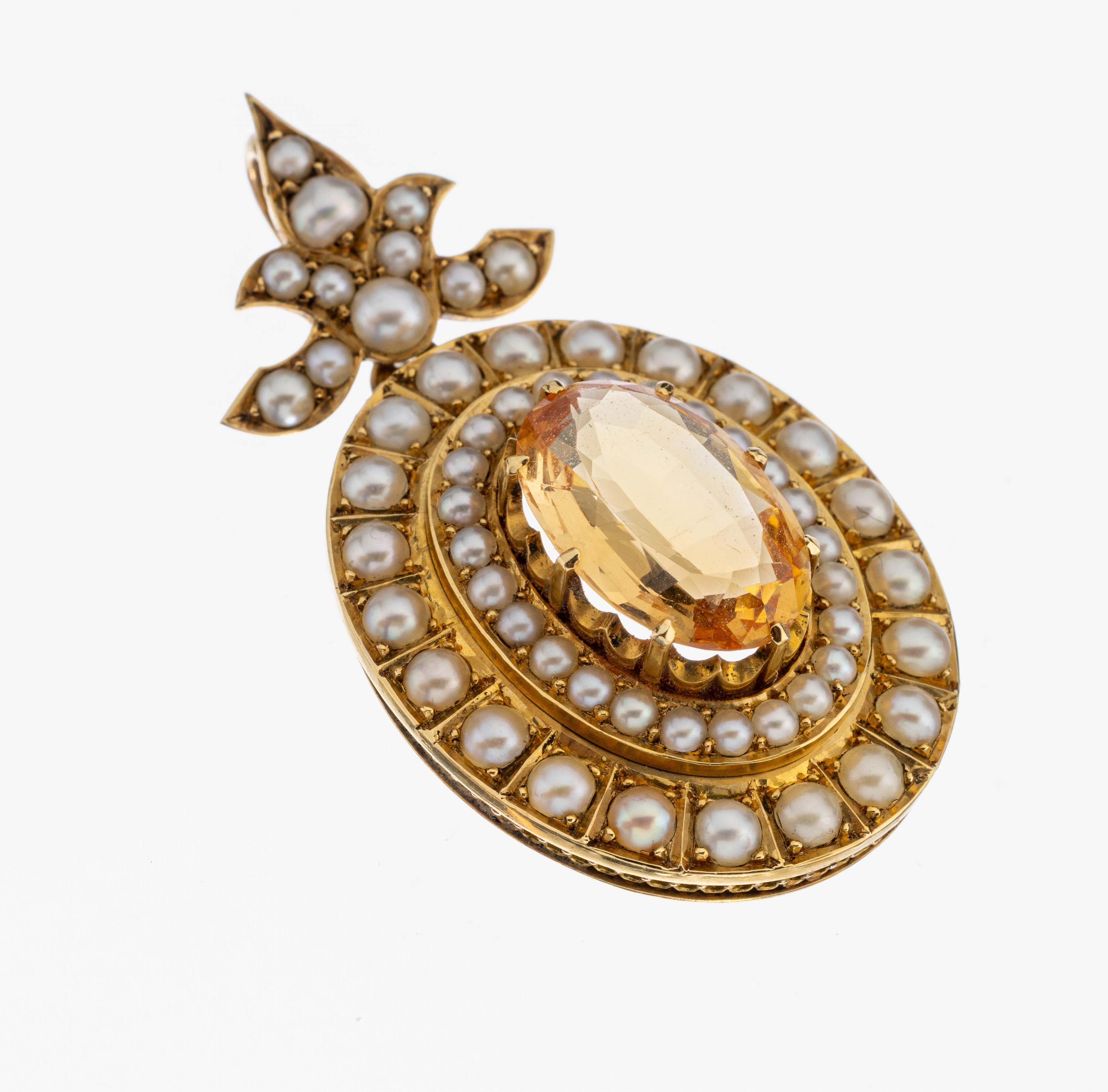 14 kt Gold Citrin-Perl-Anhänger, England um 1890-1900, GG 585/000 gepr., qualitätvolle Verarbeitung, mittig ovalfacett. Citrin ca. 11.0 ct, ...