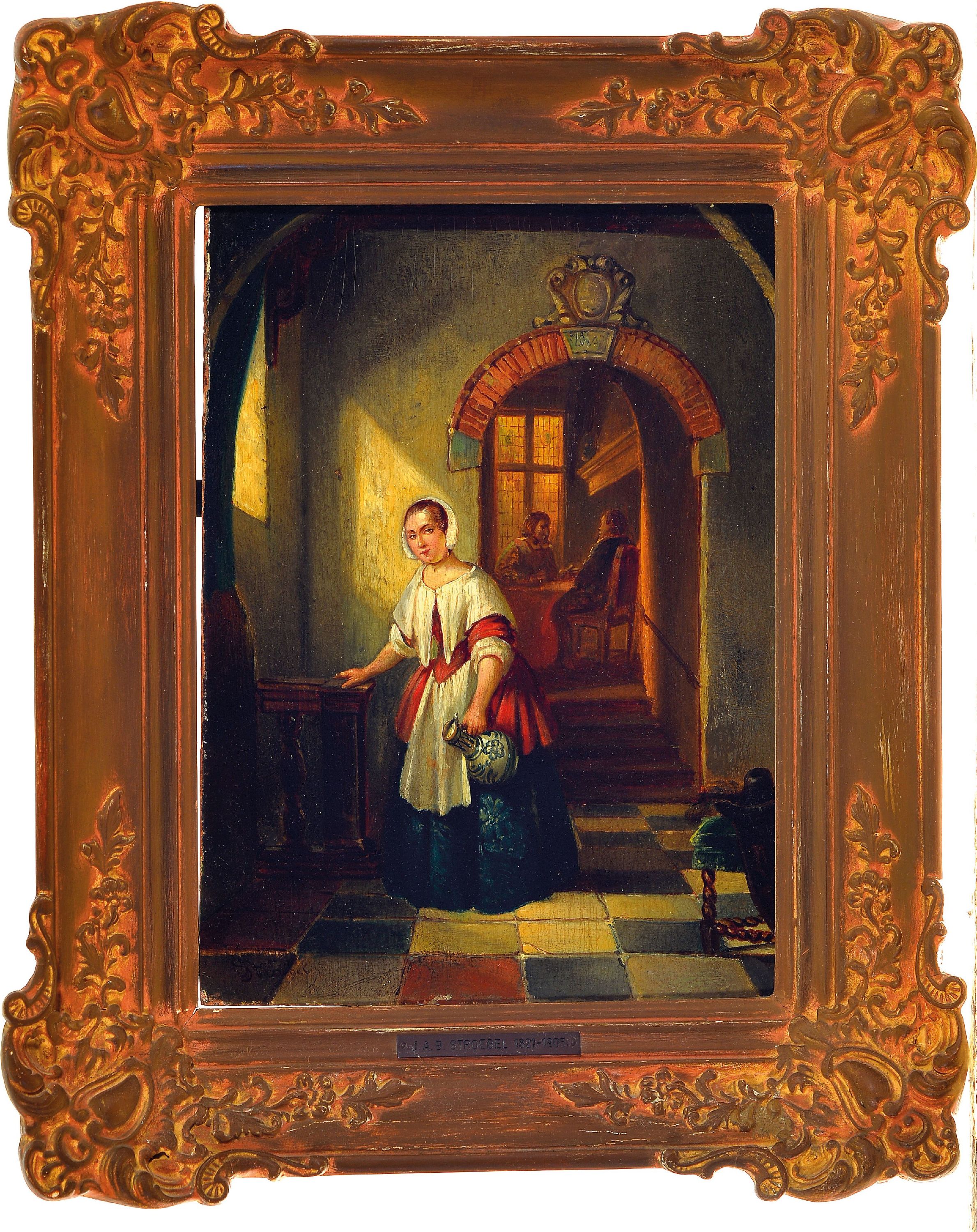 Detail k: Johannes Anthonie Balthazar Stroebel, 1821-1905, Magd im Hausflur, Öl/Holz, links unten signiert, ca. 27x20cm, R. ca. 37x30cm