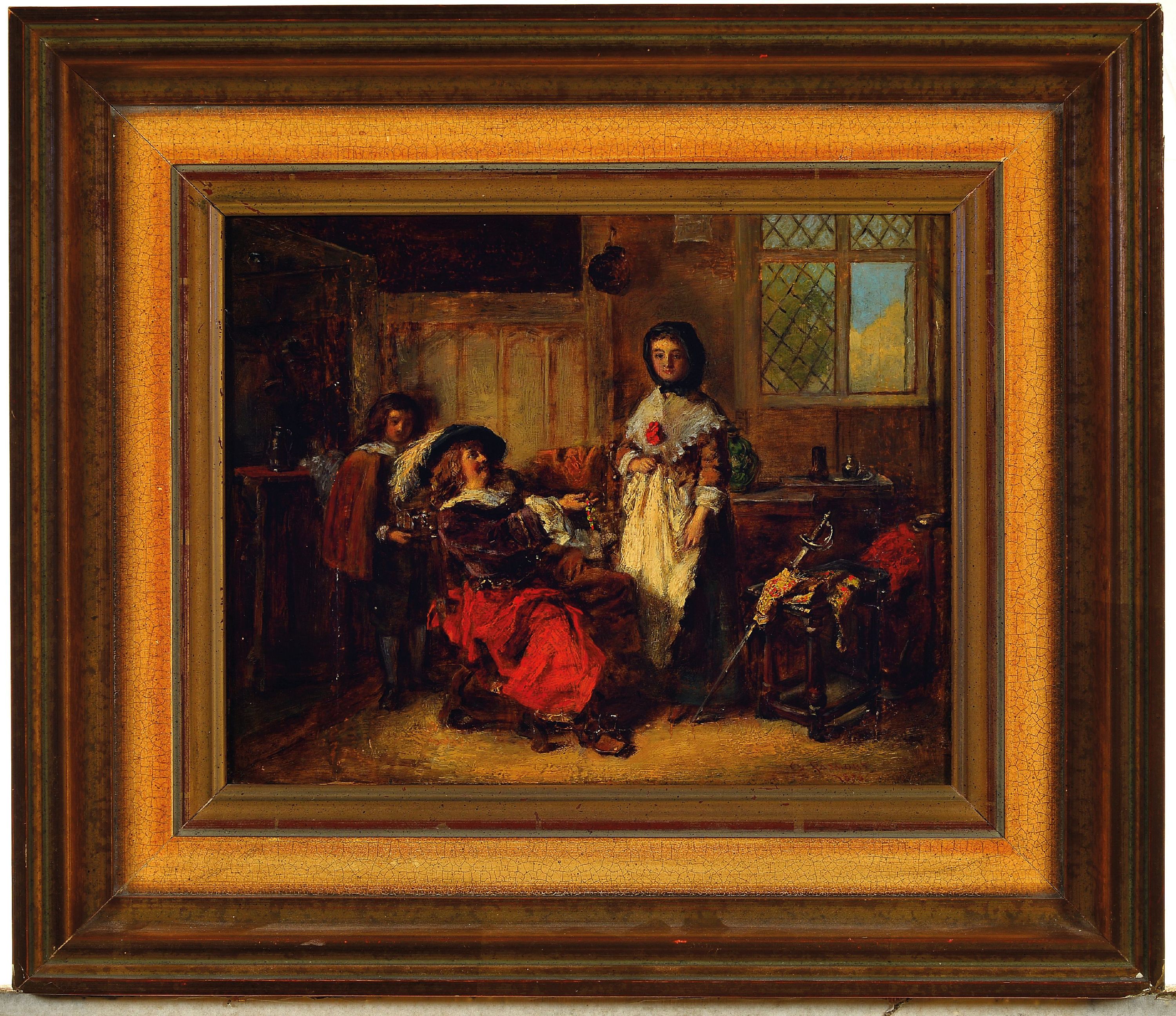 Detail k: Danile Pasmore d.Ä., um 1829-1865, Edelmann überreicht einer jungen Frau ein Schmuckstück, im Hintergrund ein Page mit der Schmuckschatulle, ...