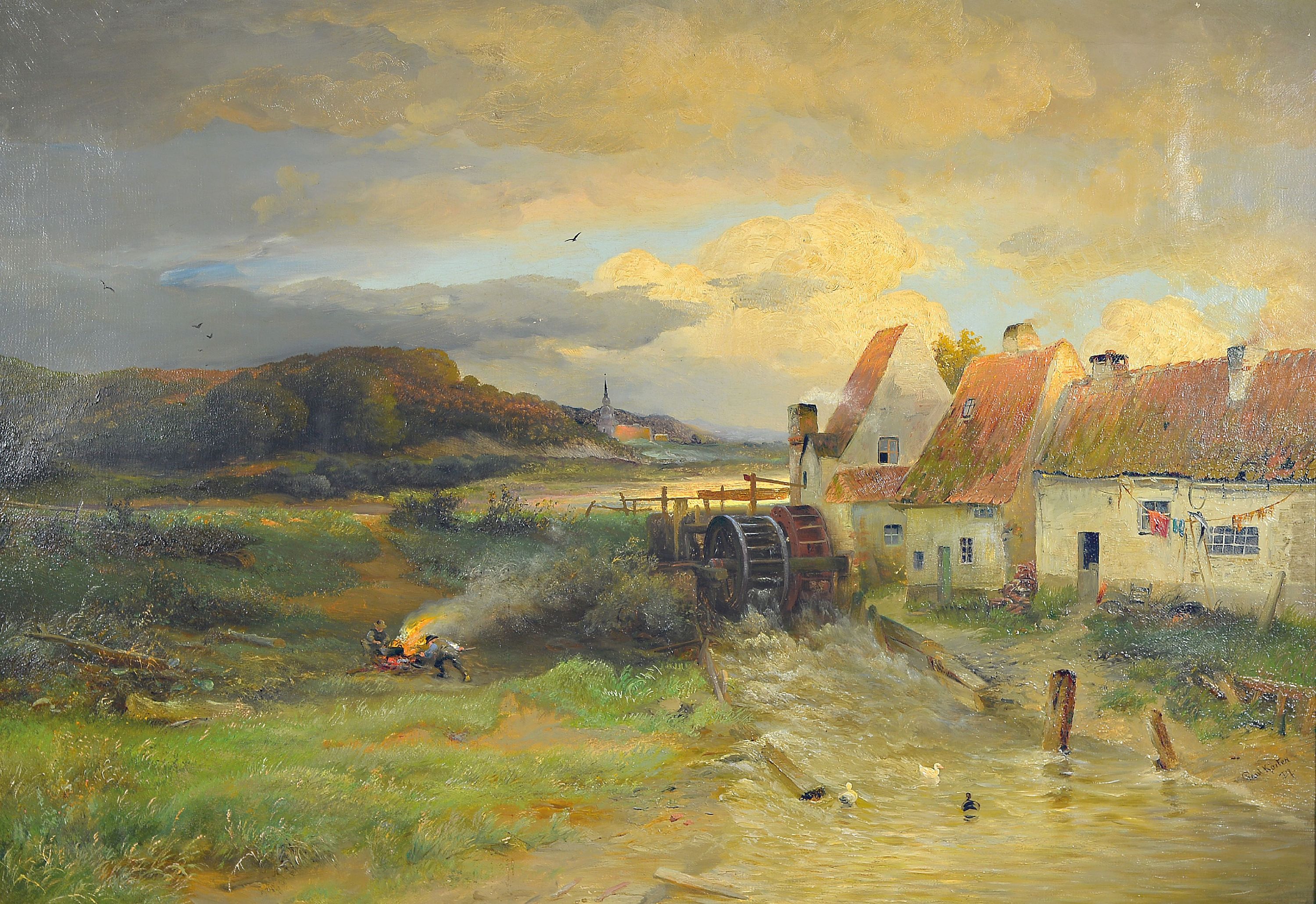 Image 26985992 - Paul Köster, 1855-1931, Landschaft mit Mühle und Bachlauf, Bauern beim Verbrennen von ...