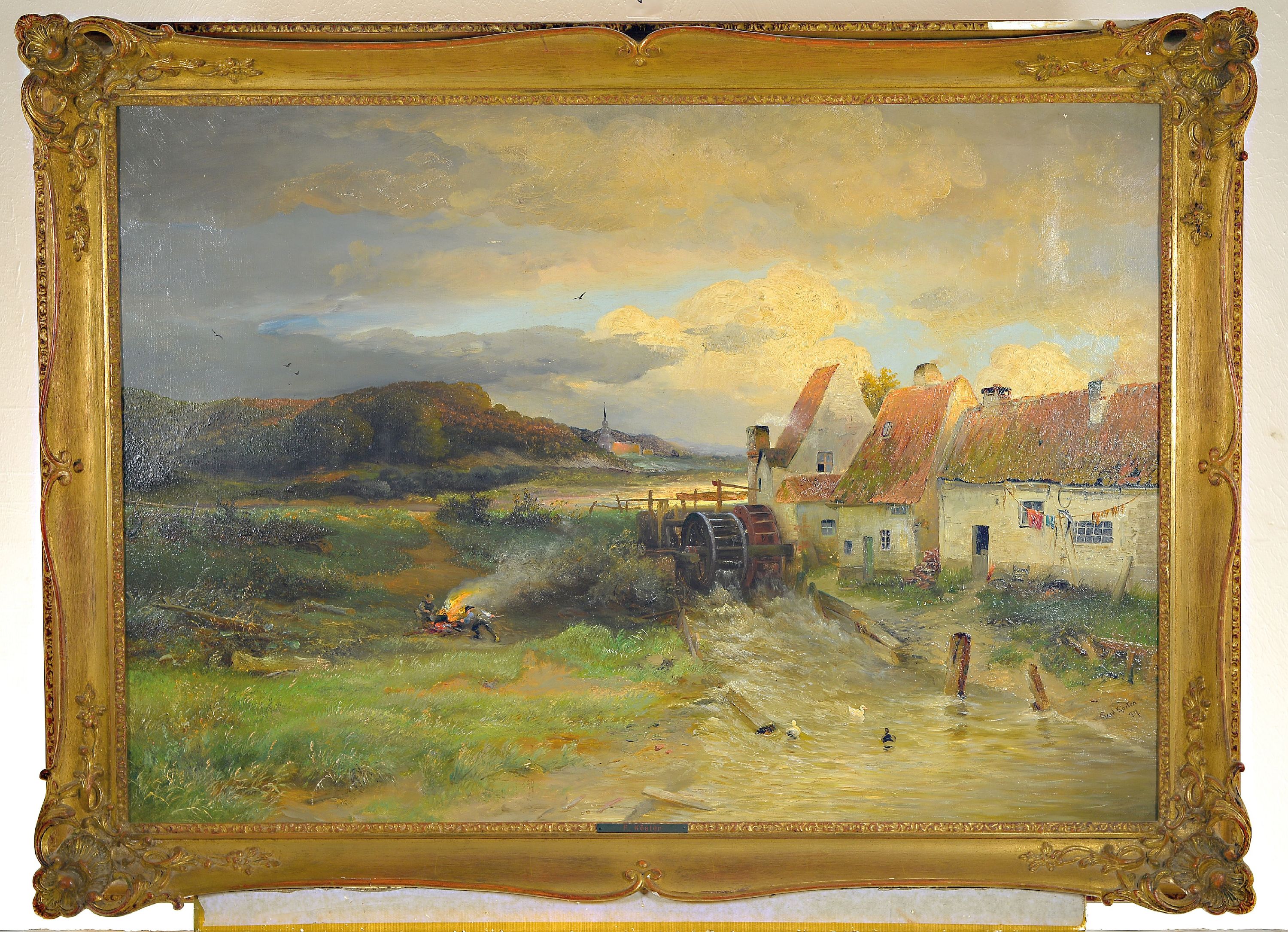 Detail k: Paul Köster, 1855-1931, Landschaft mit Mühle und Bachlauf, Bauern beim Verbrennen von Unrat, Öl/Lwd, rechts unten sign. P.Köster Df, ca. 65x95cm, ...