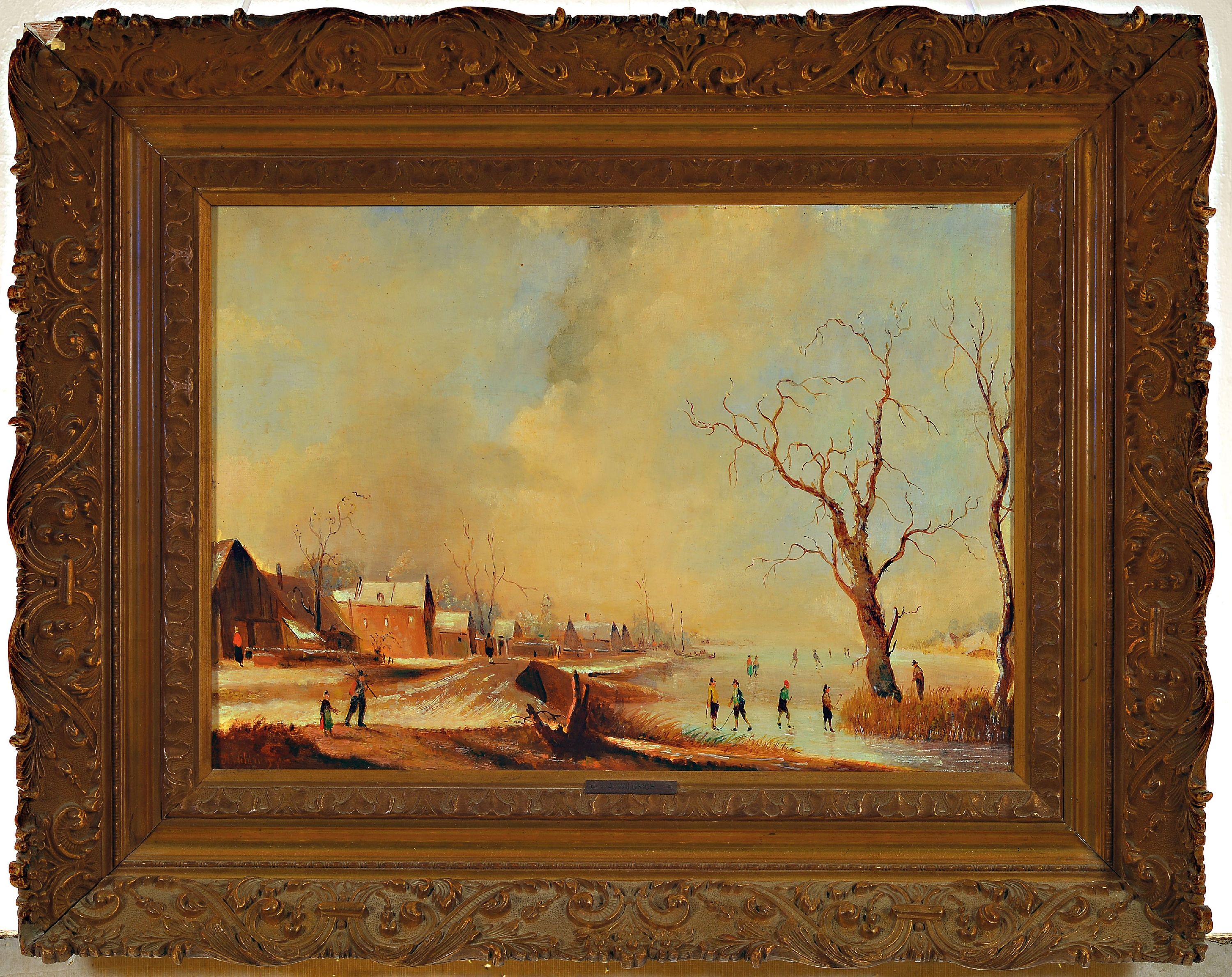 Detail k: A. Wildrich, Traditionalist im Stil der alten Meister, Eisvergnügen, holländische Winterlandschaft mit Schlittschuhläufern, Öl/Holz, links unten ...