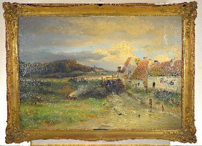 26985992k - Paul Köster, 1855-1931, Landschaft mit Mühle und Bachlauf, Bauern beim Verbrennen von ...