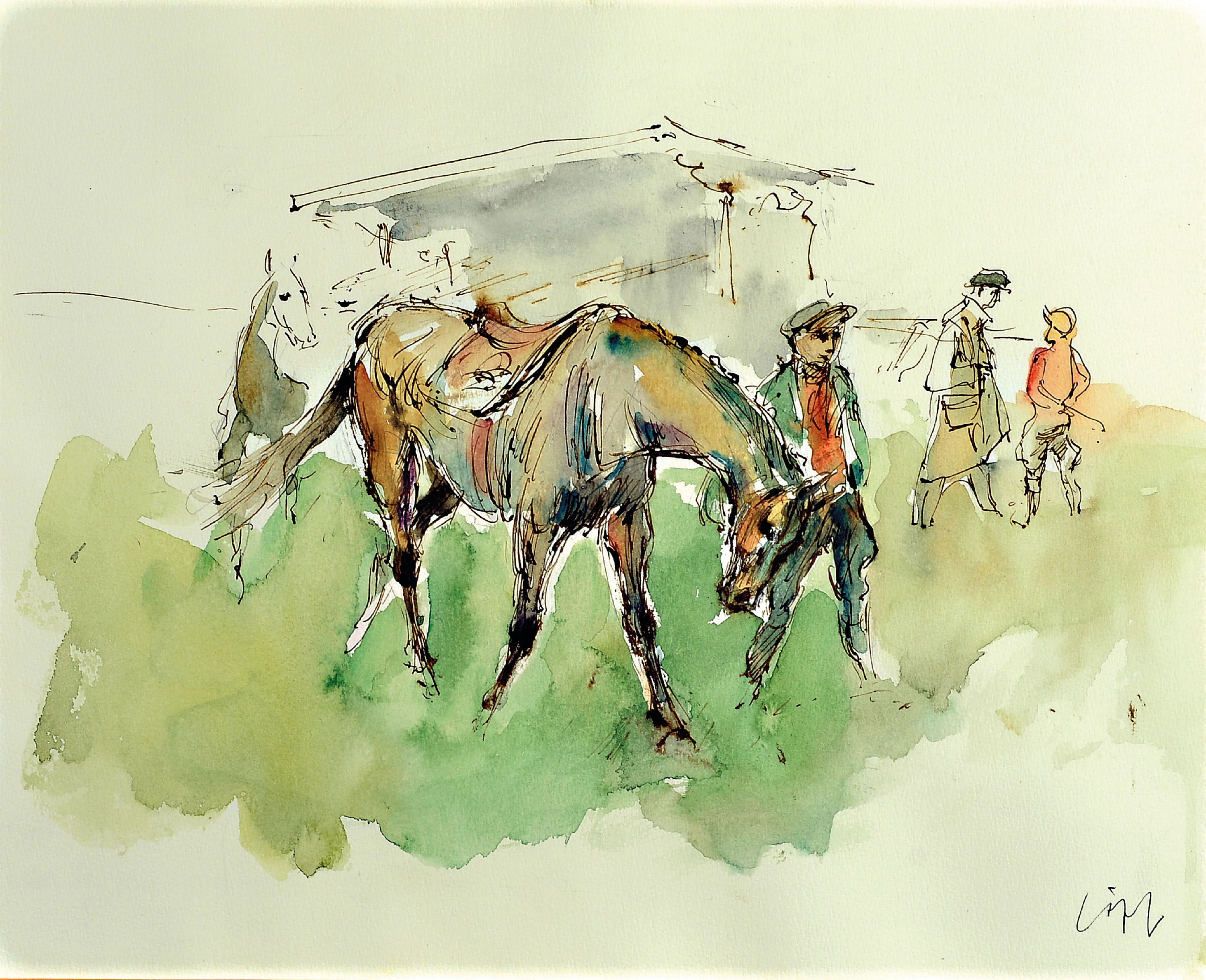 Detail a: Paul Löffler, 1920 Mannheim bis 1995 Speyer,drei Zeichnungen/Aquarelle: große Kohlezeichnung, liegender Akt, Rahmen 62 x 96 cm, Aquarelle: Tiger ...