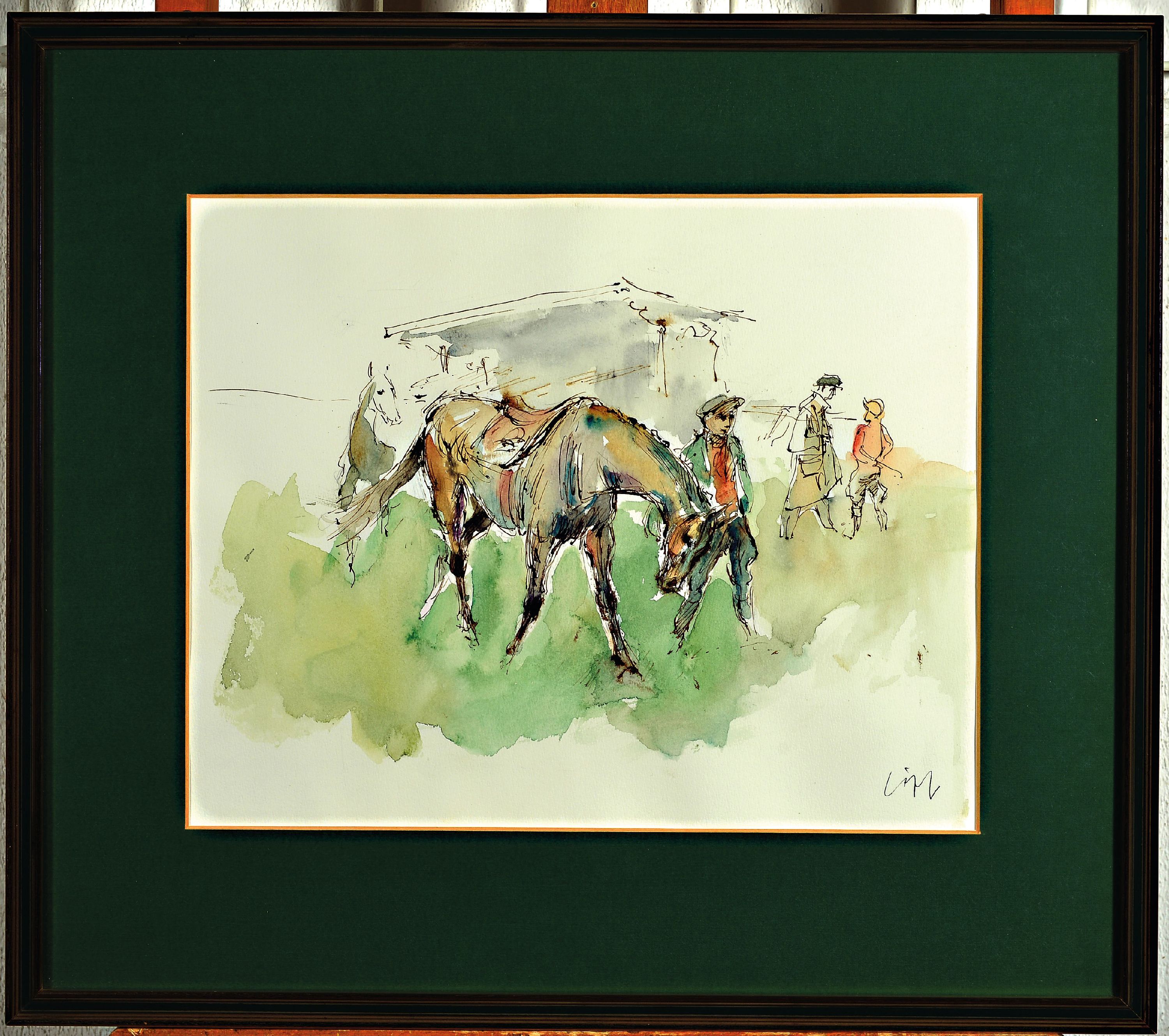 Detail l: Paul Löffler, 1920 Mannheim bis 1995 Speyer,drei Zeichnungen/Aquarelle: große Kohlezeichnung, liegender Akt, Rahmen 62 x 96 cm, Aquarelle: Tiger ...