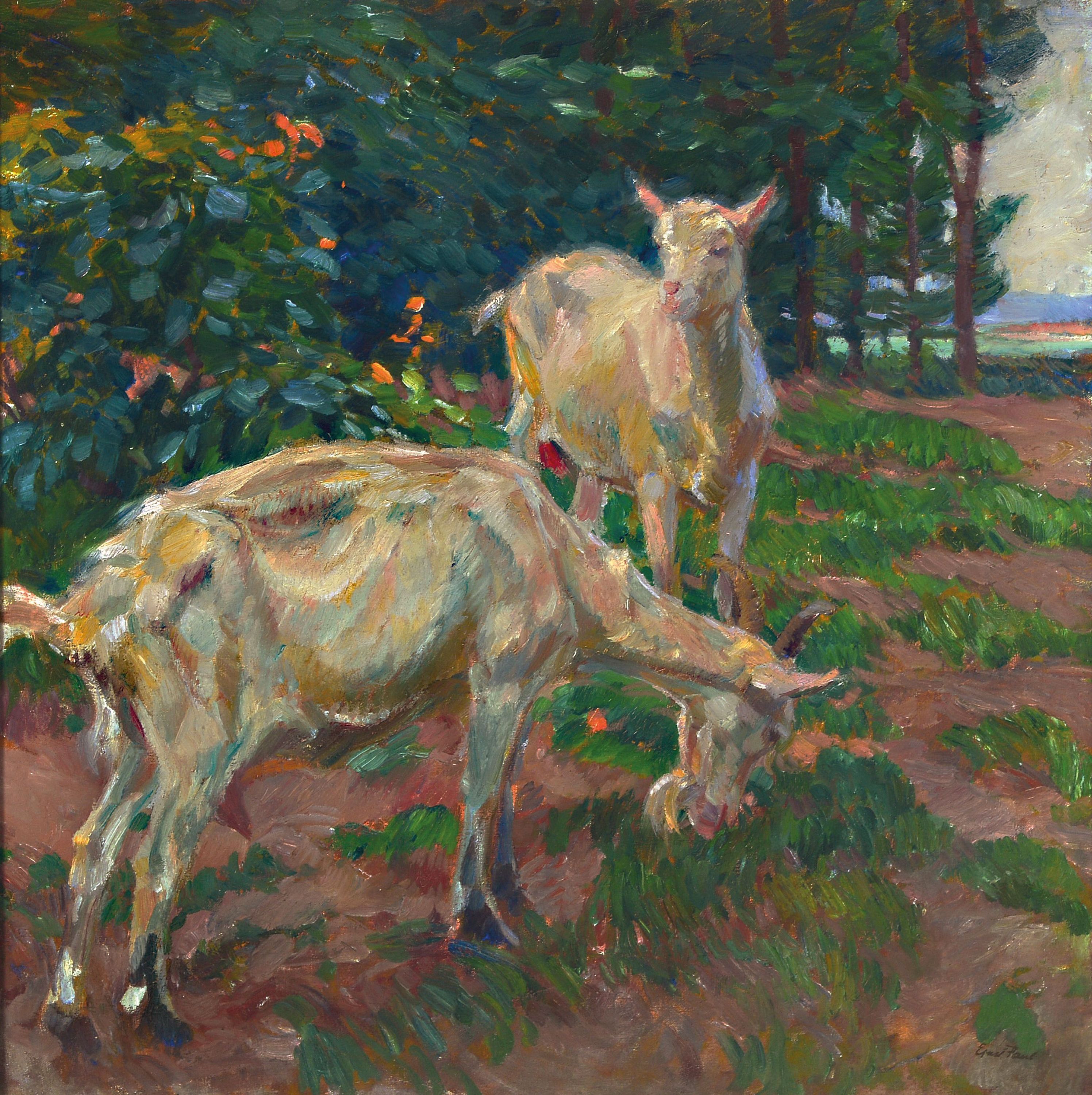 Image 26986015 - Paul Ernst, 1877 Bodenbach - 1947 Krefeld, zwei Ziegen in Sommerlandschaft, Öl/Lwd, re. ...