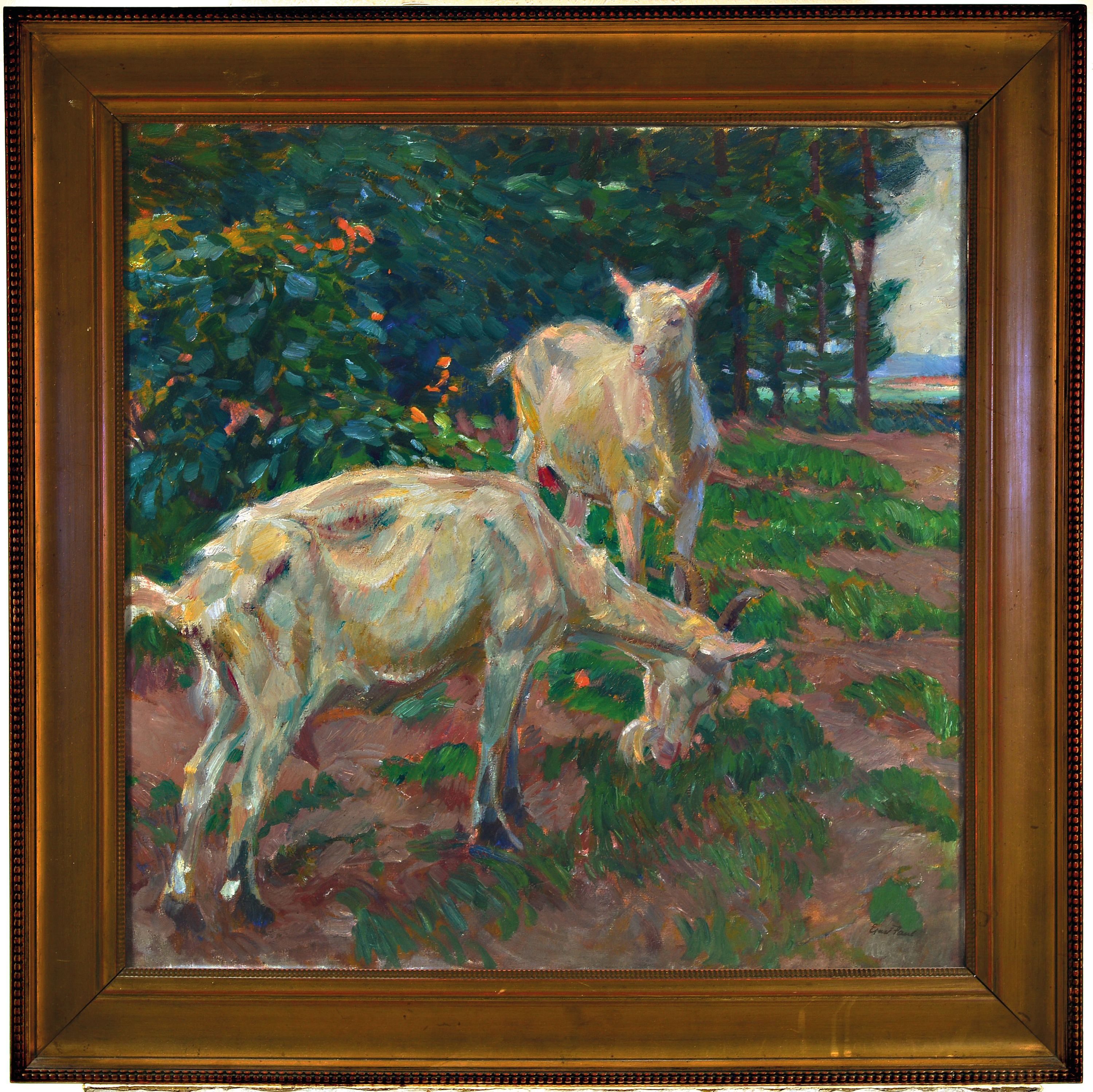 Detail k: Paul Ernst, 1877 Bodenbach - 1947 Krefeld, zwei Ziegen in Sommerlandschaft, Öl/Lwd, re. unten signiert, ca. 70 x 70 cm, Rahmen ca. 89 x 89 cm, unter ...
