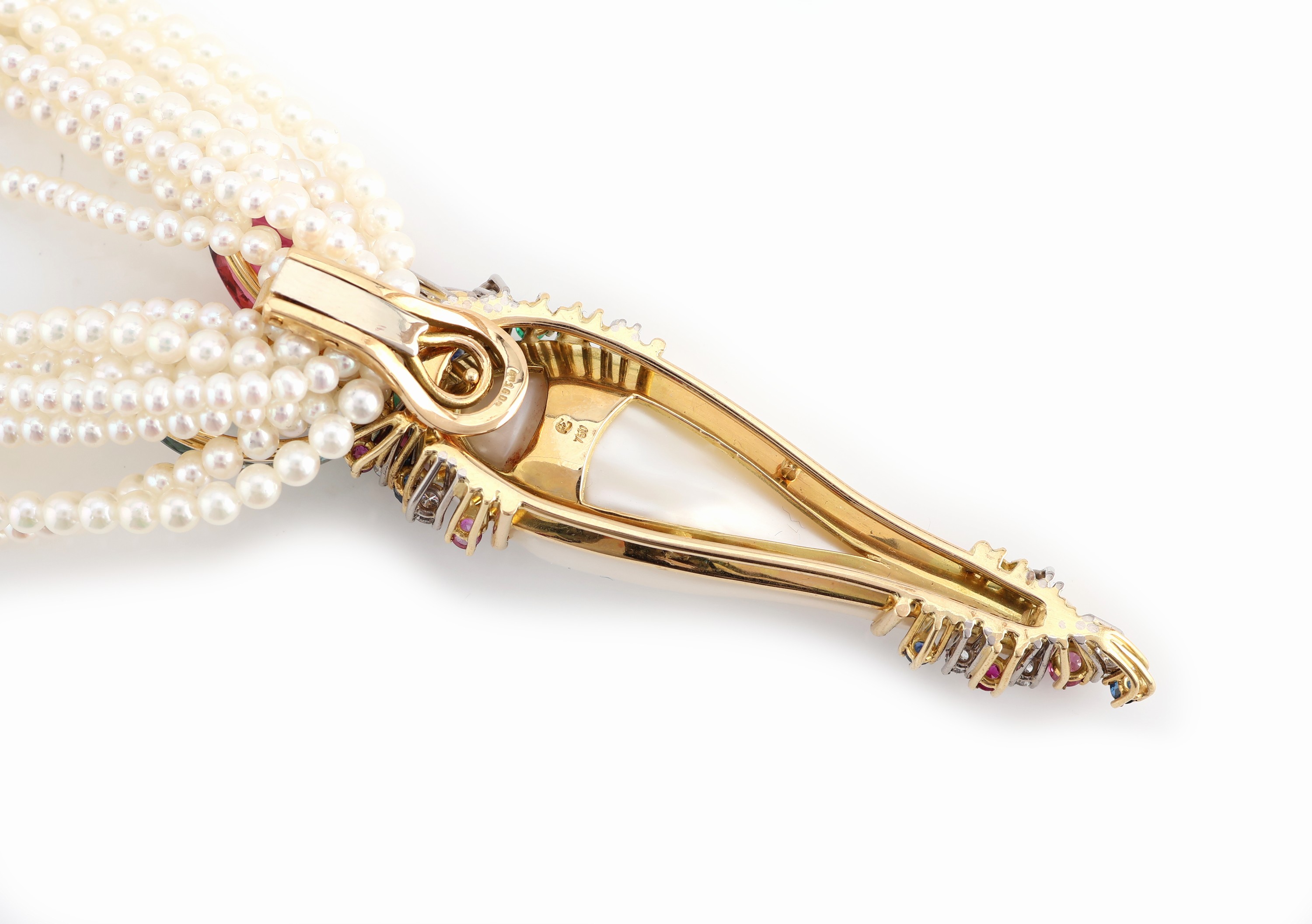 Detail c: Zuchtperl-Collier mit 18 kt Gold Brillant- Schließe und 18 kt Gold Perl-Brillant- Farbstein-Clipanhänger, GG/WG 750/000, Einzelanfertigung eines ...