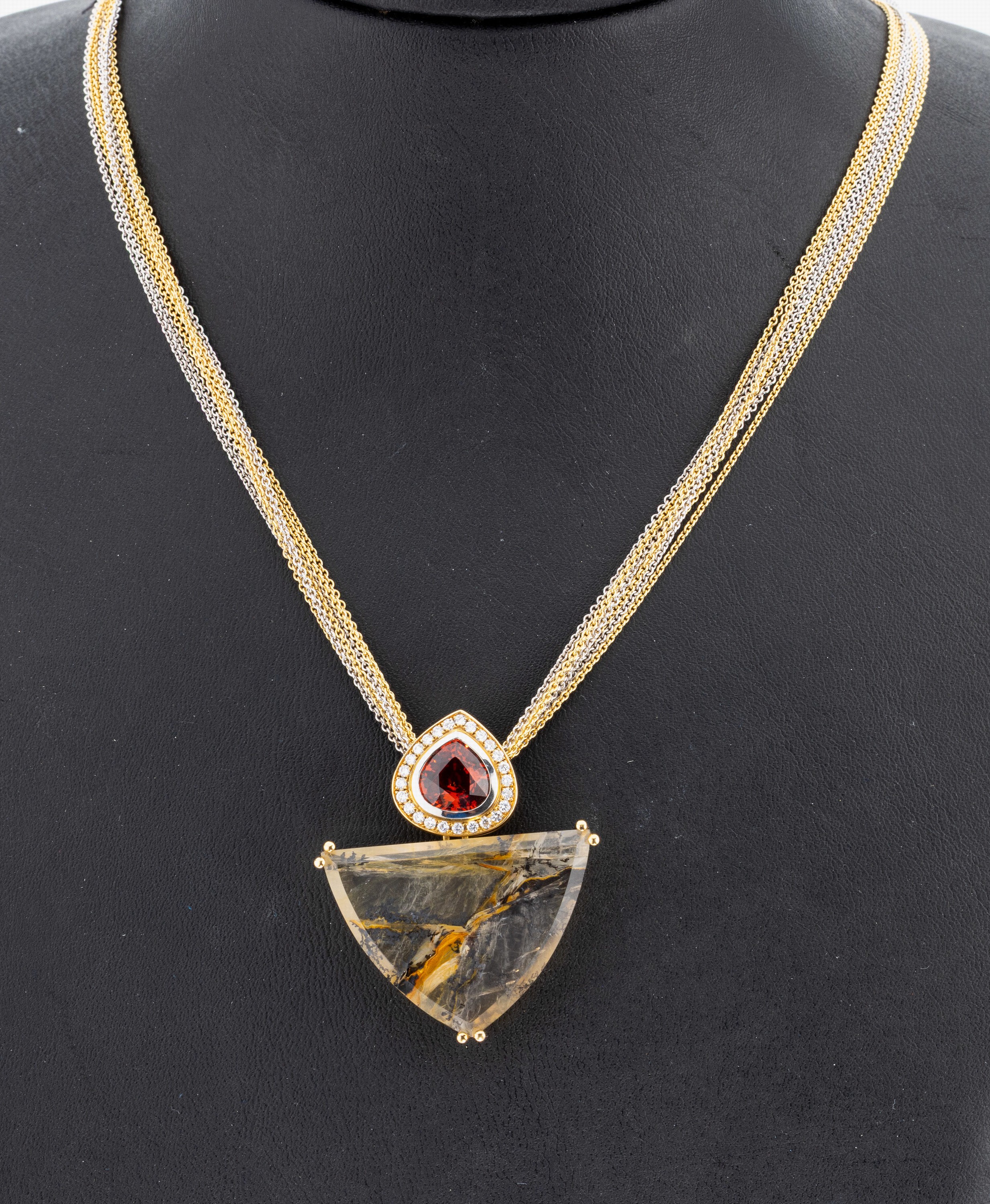Image 26986020 - 18 kt Gold und Platin Achat-Granat-Brillant- Anhänger, GG 750/000 und Pt, ...