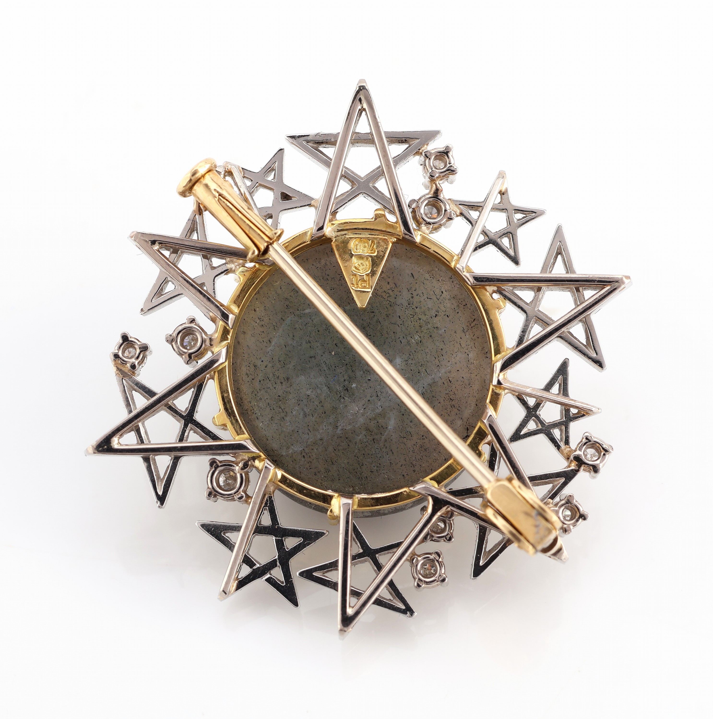 Detail b: 18 kt Gold und Platin Labradorit-Brillant -Brosche, GG 750/000 und Platin, Einzelanfertigung eines renommierten Idar- Obersteiner Goldschmieds, ...