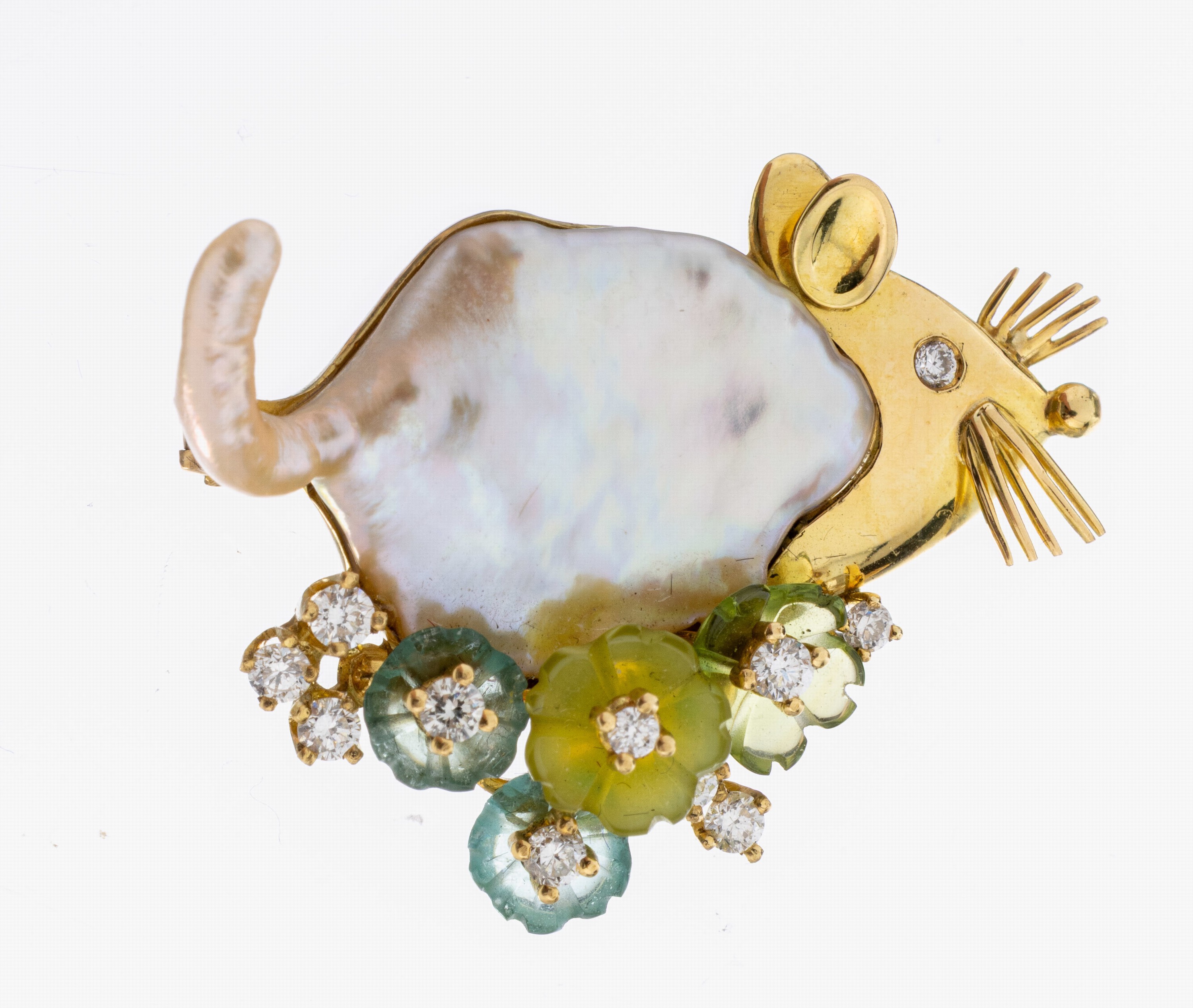 Image 26986037 - 18 kt Gold Perl-Farbstein-Brillant-Brosche ´Maus´, GG 750/000, Einzelanfertigung ...